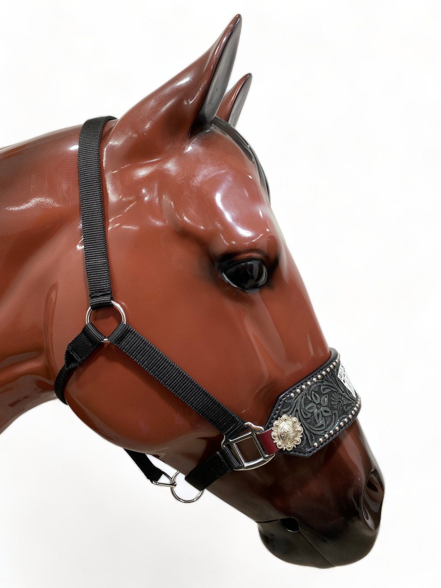 MOUSM Western Bronc Halter – Argentina Cow Leather Halter for Horse Decorated with Hand-Tooled Flower Carving, Silver Studs & Playing Card Painting