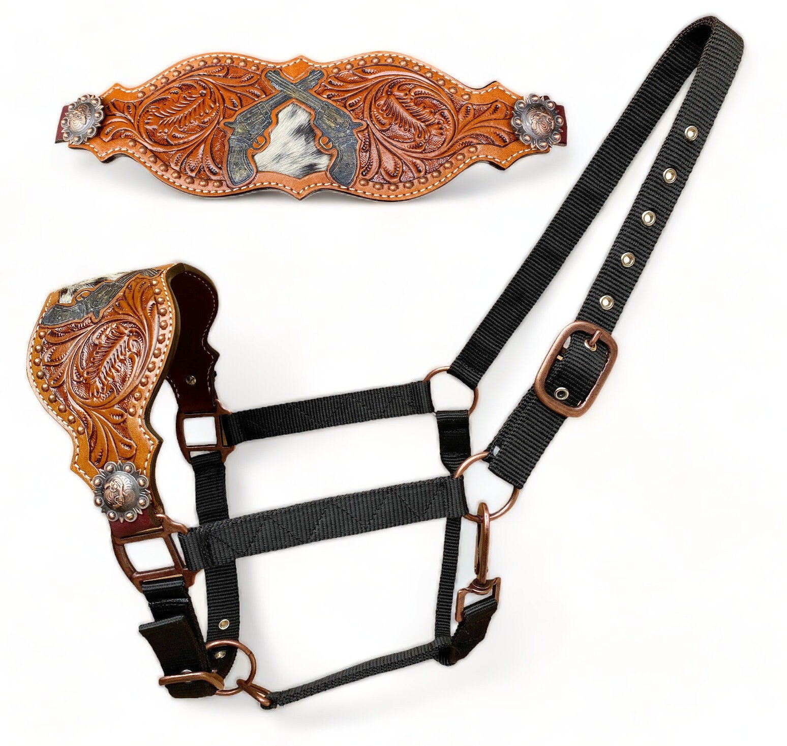 MOUSM Western Bronc Halter – Argentina Cow Leather Horse Halter with Cross Gun Engraving & Concho, Oak Leaf Tooling & Cowhide Inlay