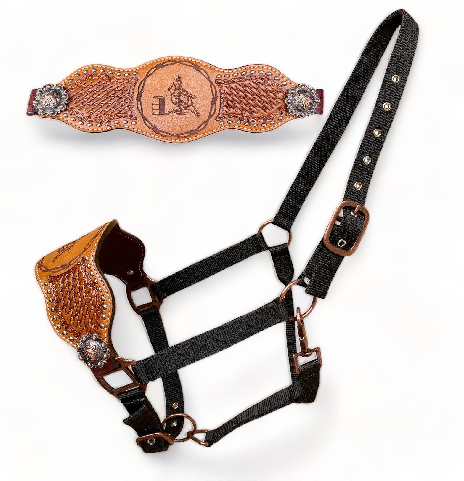 MOUSM Western Bronc Halter - Argentina Cow Leather Halter for Horse Decorated with Basket Tooling with BOB Wire Engraving with Barrel Horse