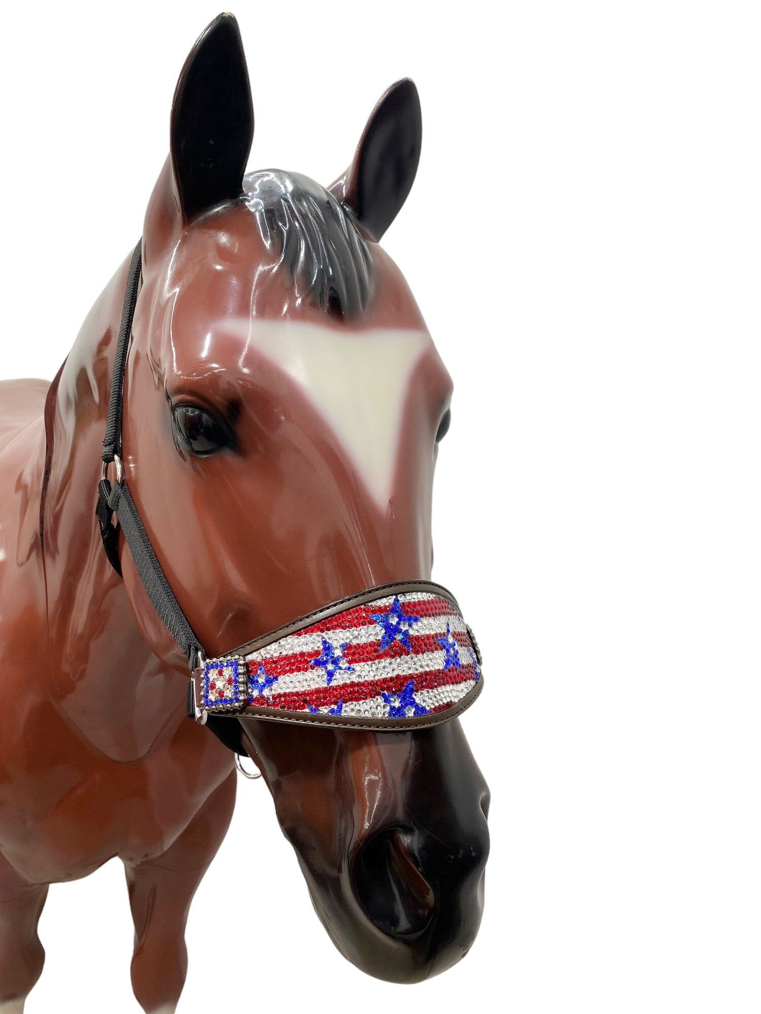MOUSM Western Bronc Halter - Argentina Cow Leather Halter for Horse Decorated with American Flag Print Covered with Rhinestones