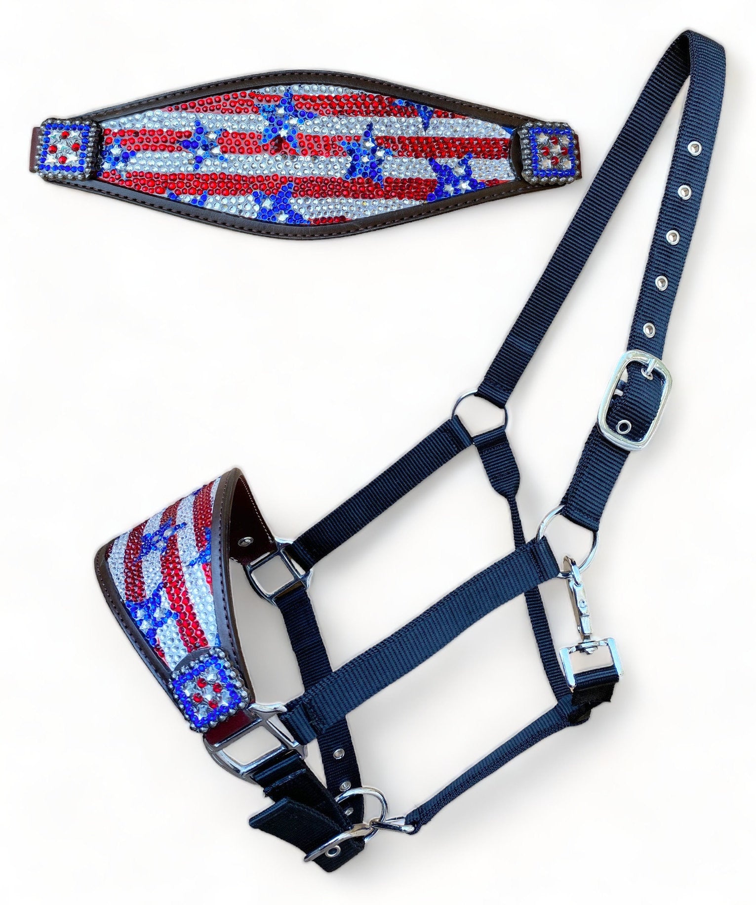 MOUSM Western Bronc Halter - Argentina Cow Leather Halter for Horse Decorated with American Flag Print Covered with Rhinestones