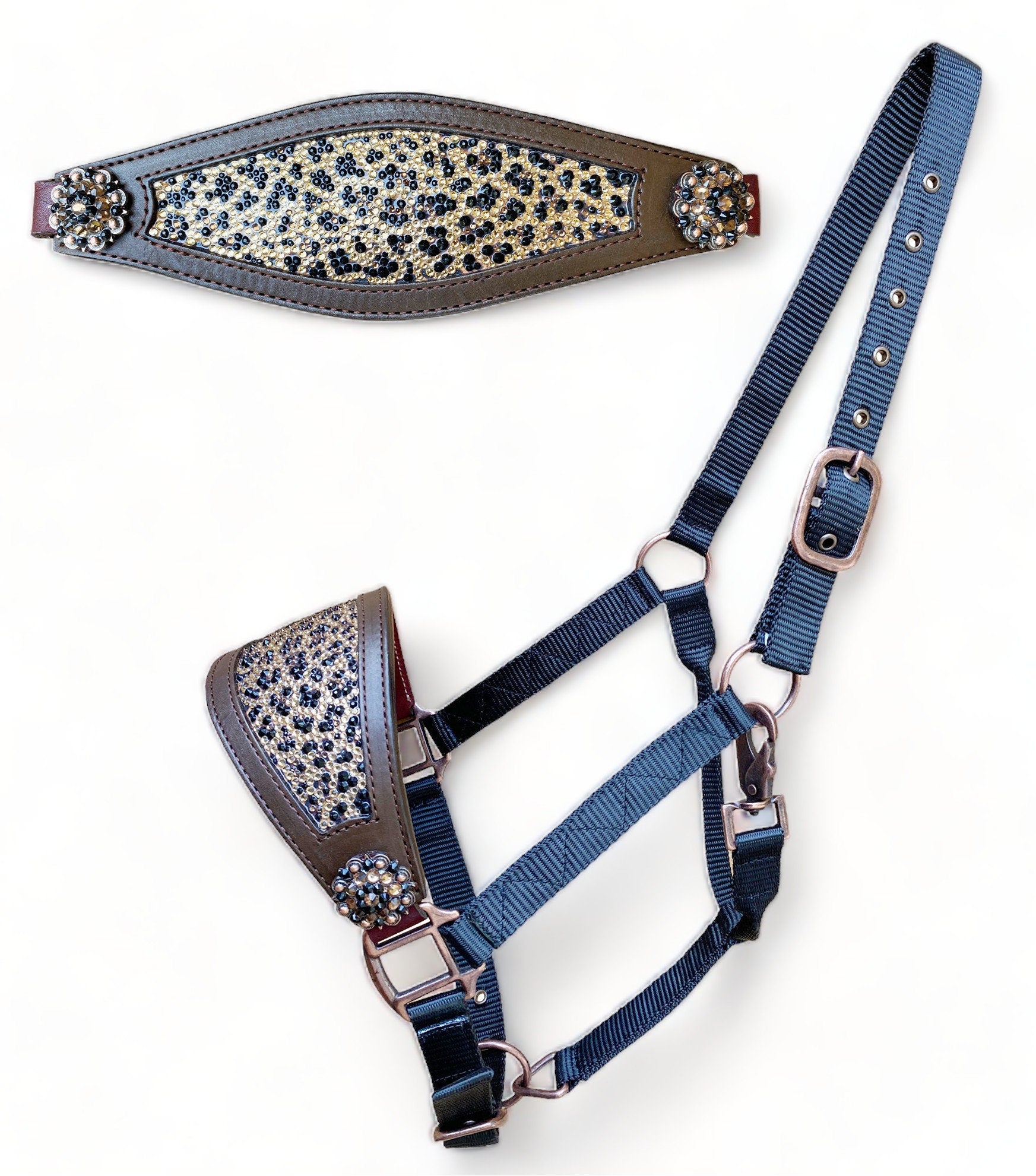 MOUSM Western Bronc Halter – Argentina Cow Leather Horse Halter with Leopard Print Rhinestones Pattern With Matching Concho