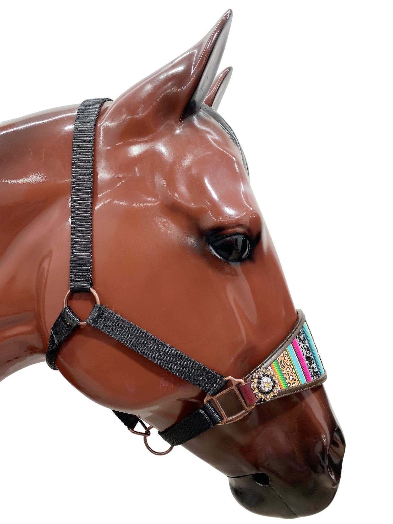 MOUSM Western Bronc Halter – Argentina Cow Leather Halter for Horse Decorated with Serape Stripes, Leopard Print, Embedded Glittered Stones & Rhinestone Conchos