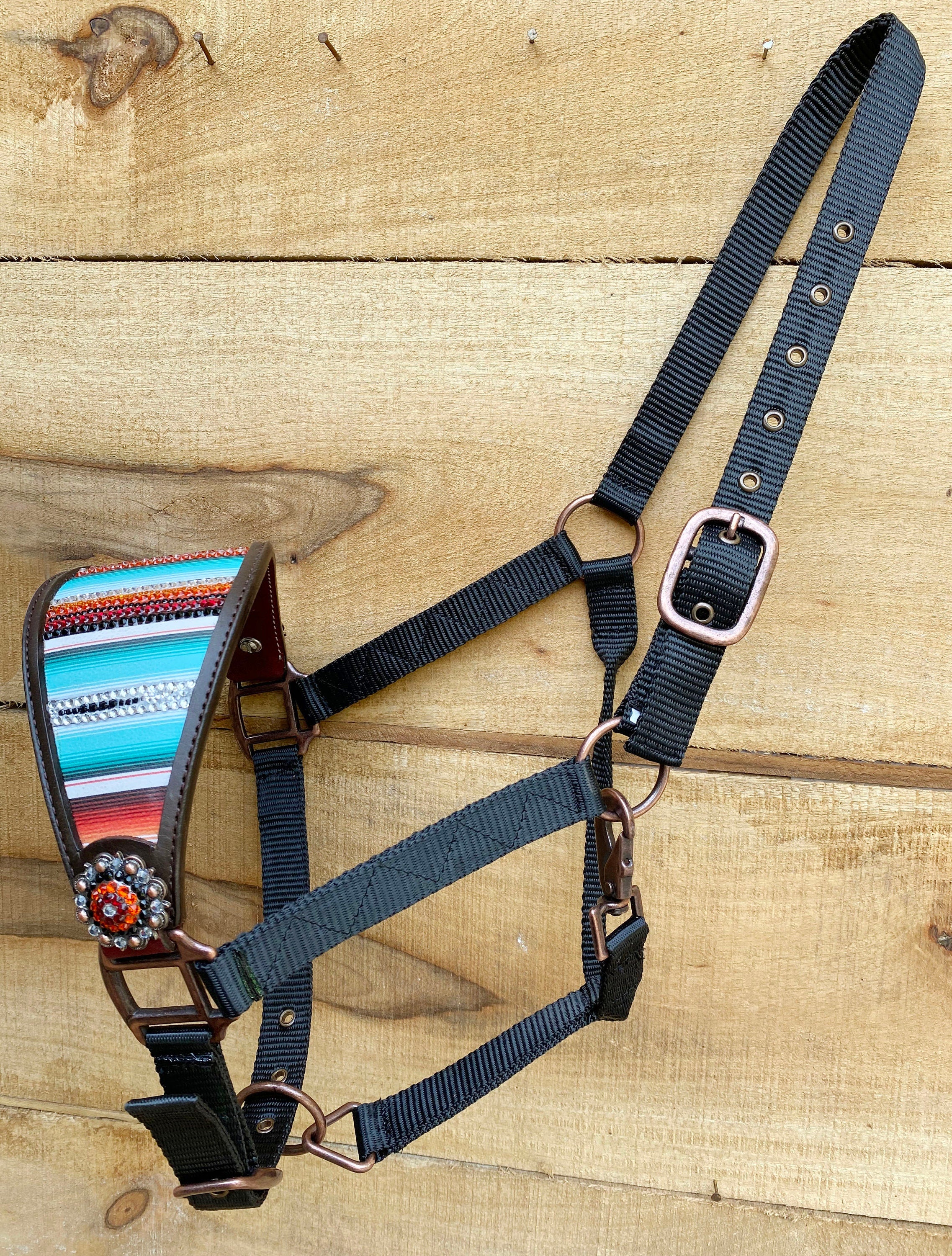 MOUSM Western Bronc Halter - Argentina Cow leather Bronc Halter for Horse Decorated with Orange Turquoise Serape Print, Embedded Stone on Center and Rhinestone Conchos