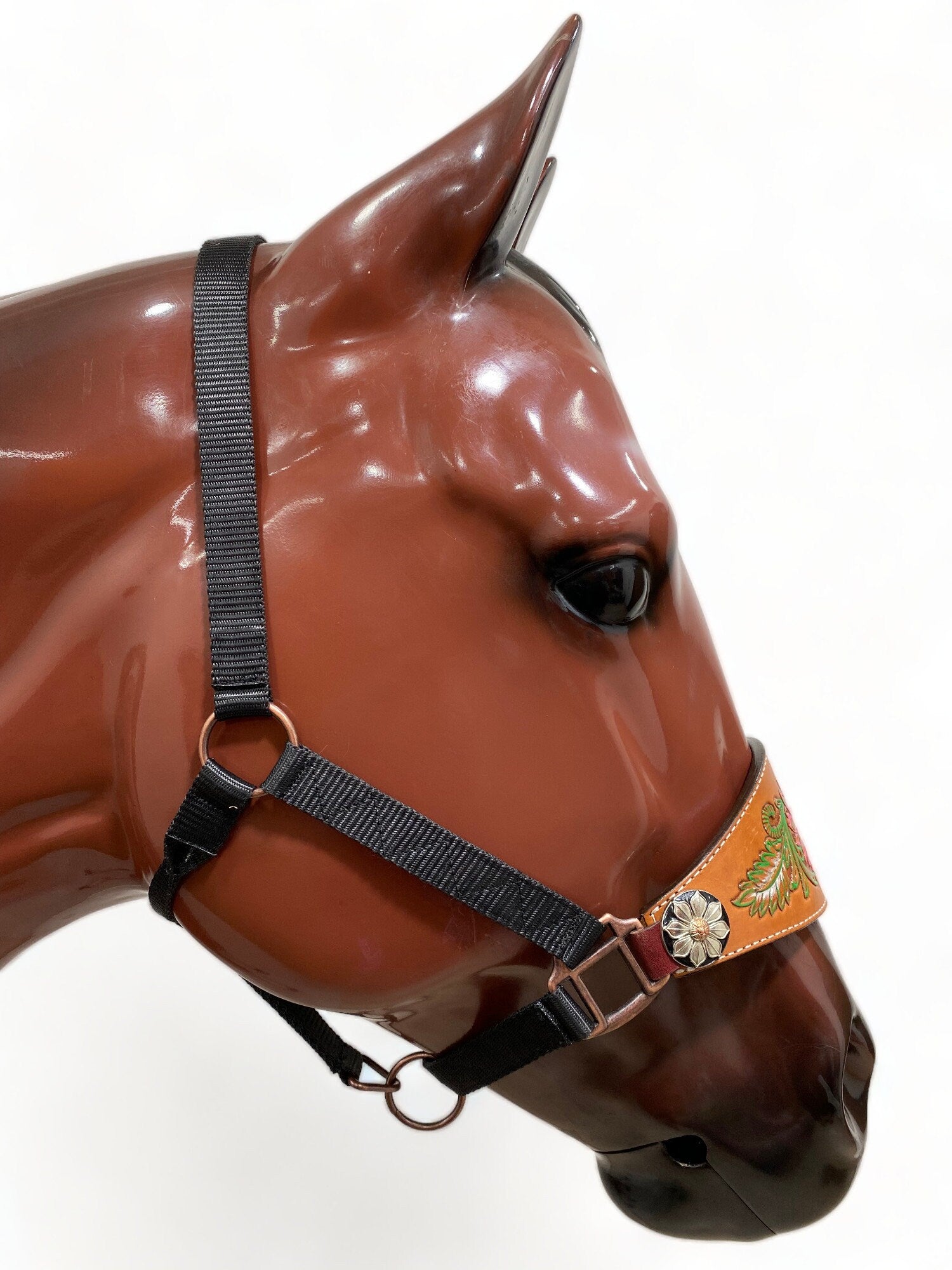 MOUSM Western Bronc Halter - Argentina Cow Leather Halter for Horse Decorated with Hand-Painted Sunflower and Leaf Carving, Shining Flower Concho