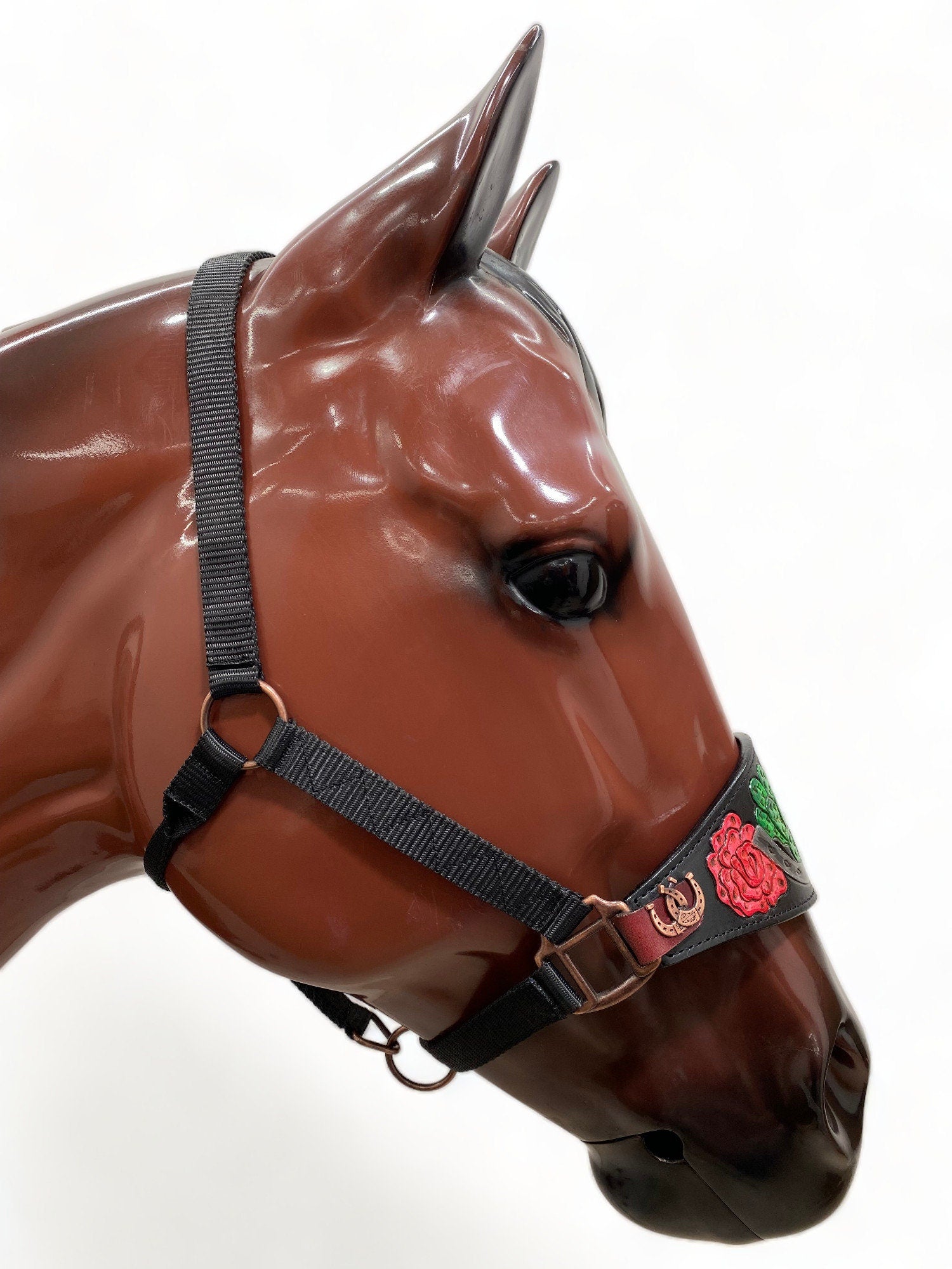 MOUSM Western Bronc Halter - Argentina Cow Leather Halter for Horse Decorated with Hand-Painted Rose, Cactus, and Horseshoe Carving, Finished with Horseshoe Antique Copper Concho