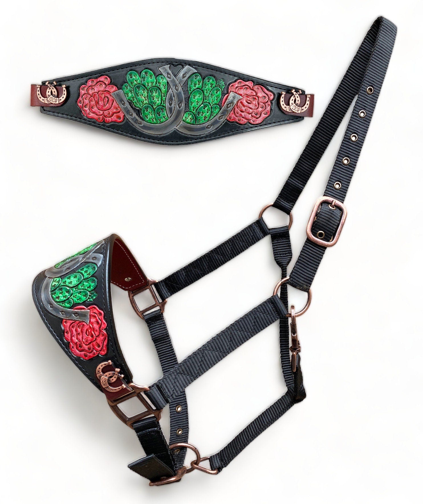 MOUSM Western Bronc Halter - Argentina Cow Leather Halter for Horse Decorated with Hand-Painted Rose, Cactus, and Horseshoe Carving, Finished with Horseshoe Antique Copper Concho