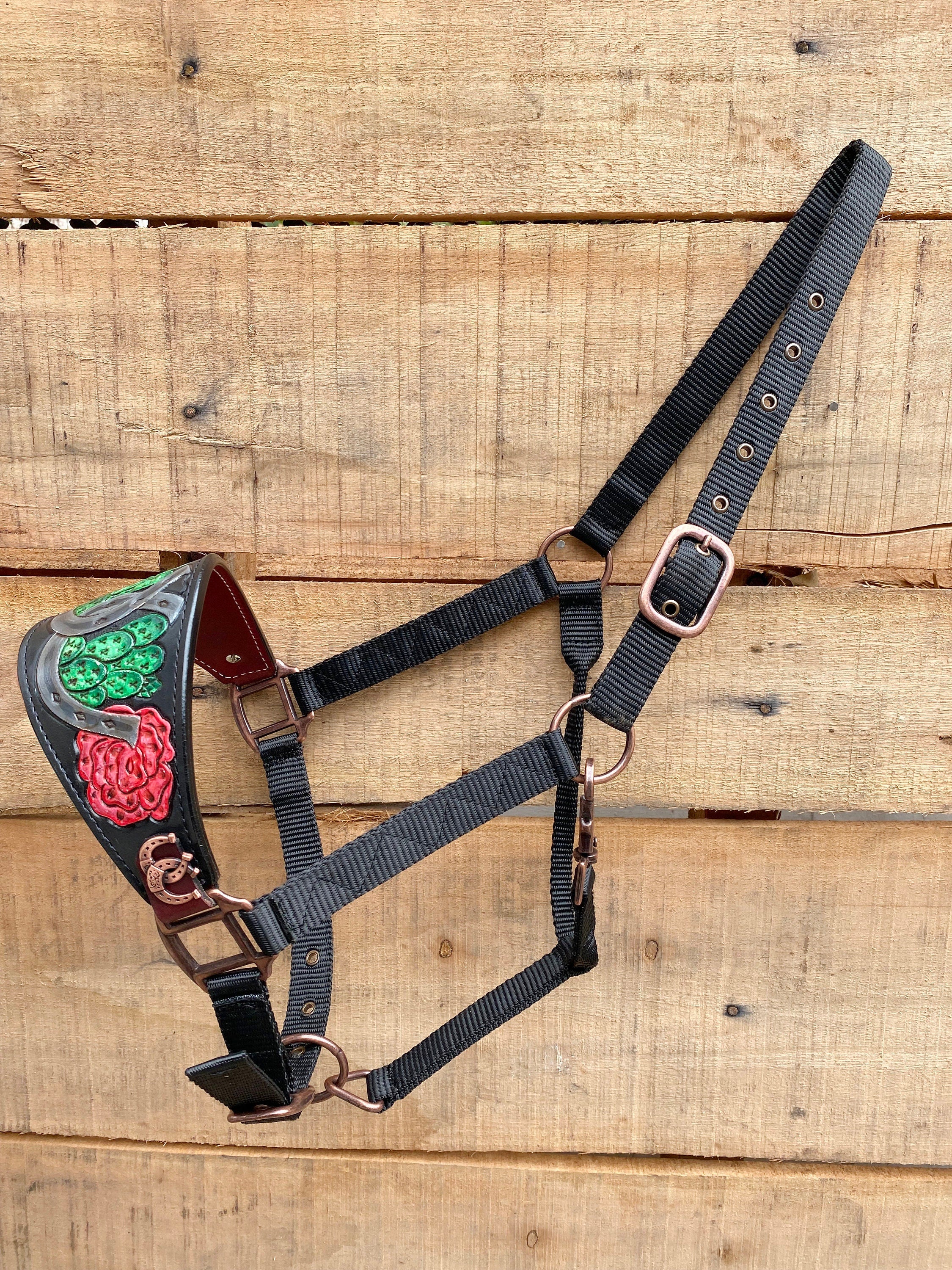 MOUSM Western Bronc Halter - Argentina Cow Leather Halter for Horse Decorated with Hand-Painted Rose, Cactus, and Horseshoe Carving, Finished with Horseshoe Antique Copper Concho