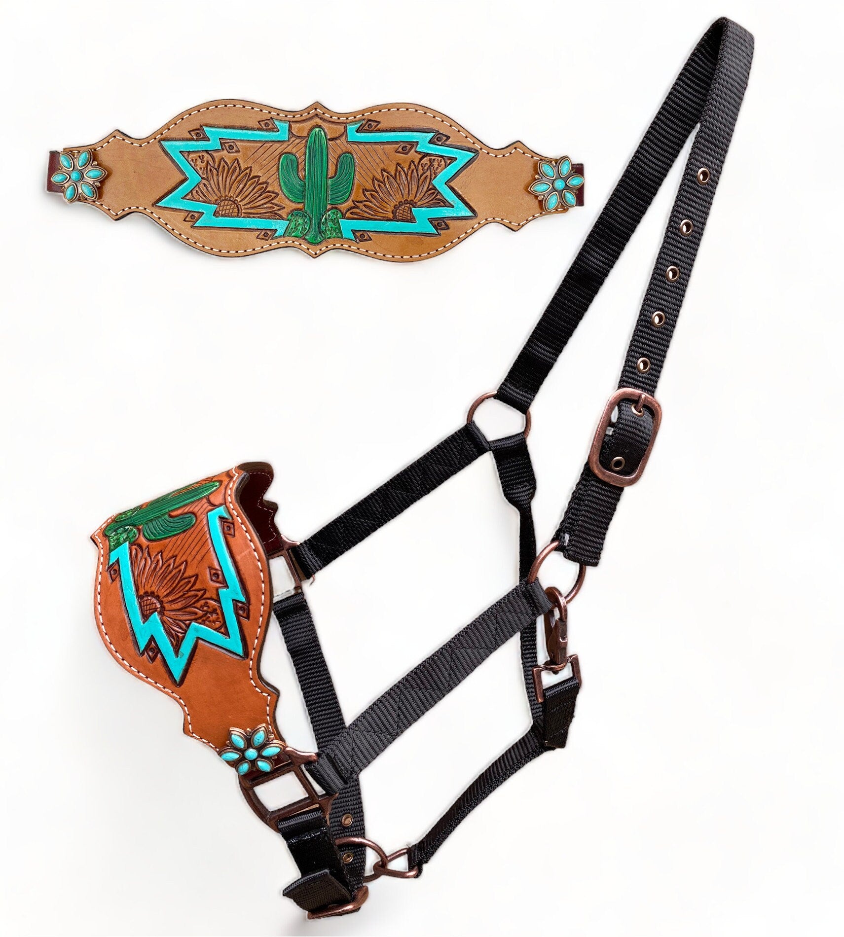 MOUSM Argentina Cow Leather Bronc Halter – Western Halter for Horse with Hand-Carved and Hand-Painted Cactus, Sunflower & Aztec Patterns, Finished with Turquoise Flower Conchos