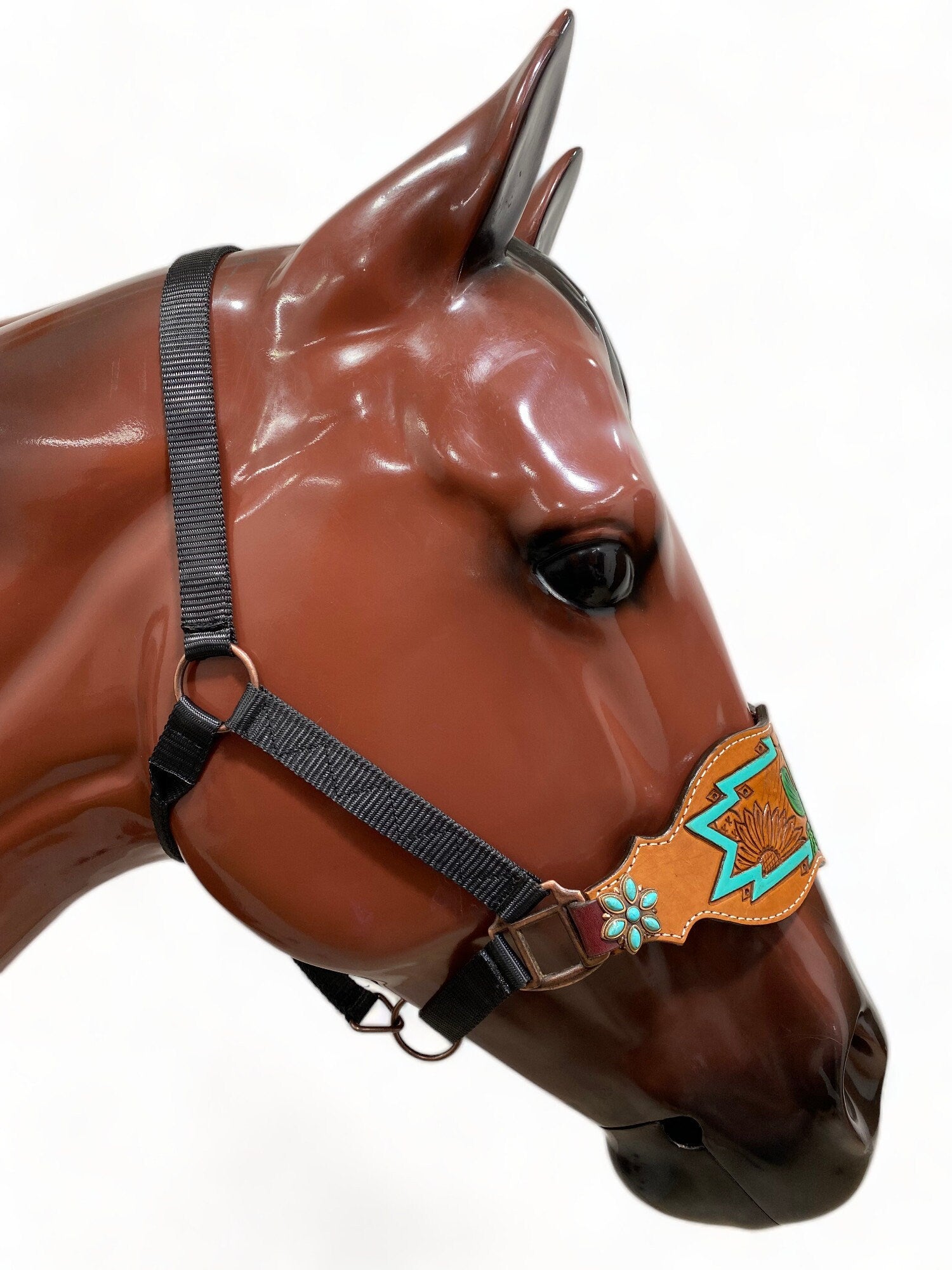 MOUSM Argentina Cow Leather Bronc Halter – Western Halter for Horse with Hand-Carved and Hand-Painted Cactus, Sunflower & Aztec Patterns, Finished with Turquoise Flower Conchos