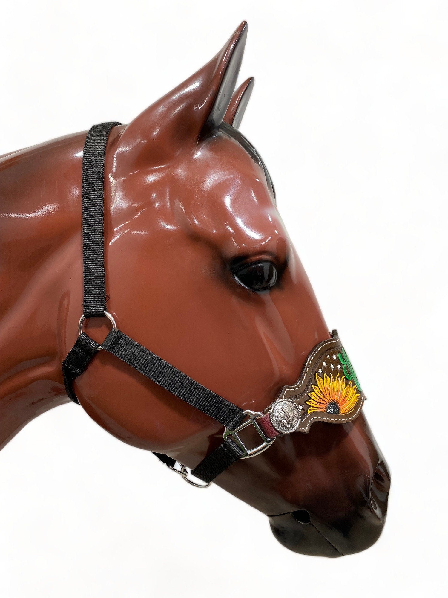 MOUSM Argentina Cow Leather Bronc Halter – Western Halter for Horse Decorated with Hand-Craved & Hand-Painted Sunflower, Cactus & Stars Carving, Emblem Cactus Conchos