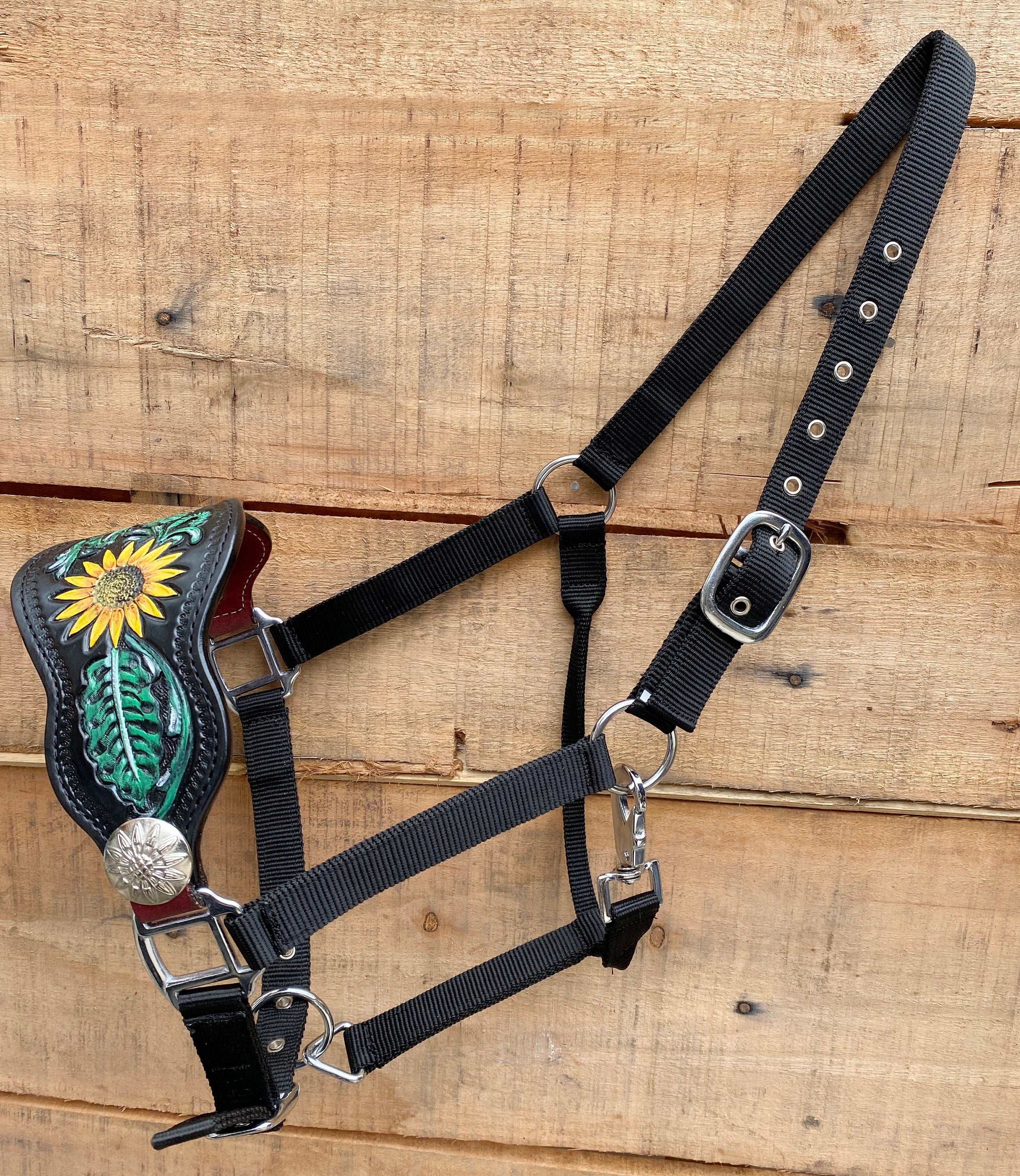 MOUSM Argentina Cow Leather Bronc Halter - Western Horse Halter Decorated with Hand-Painted Sunflower & Leaf Carving, Antique Nickle Sunflower Conchos