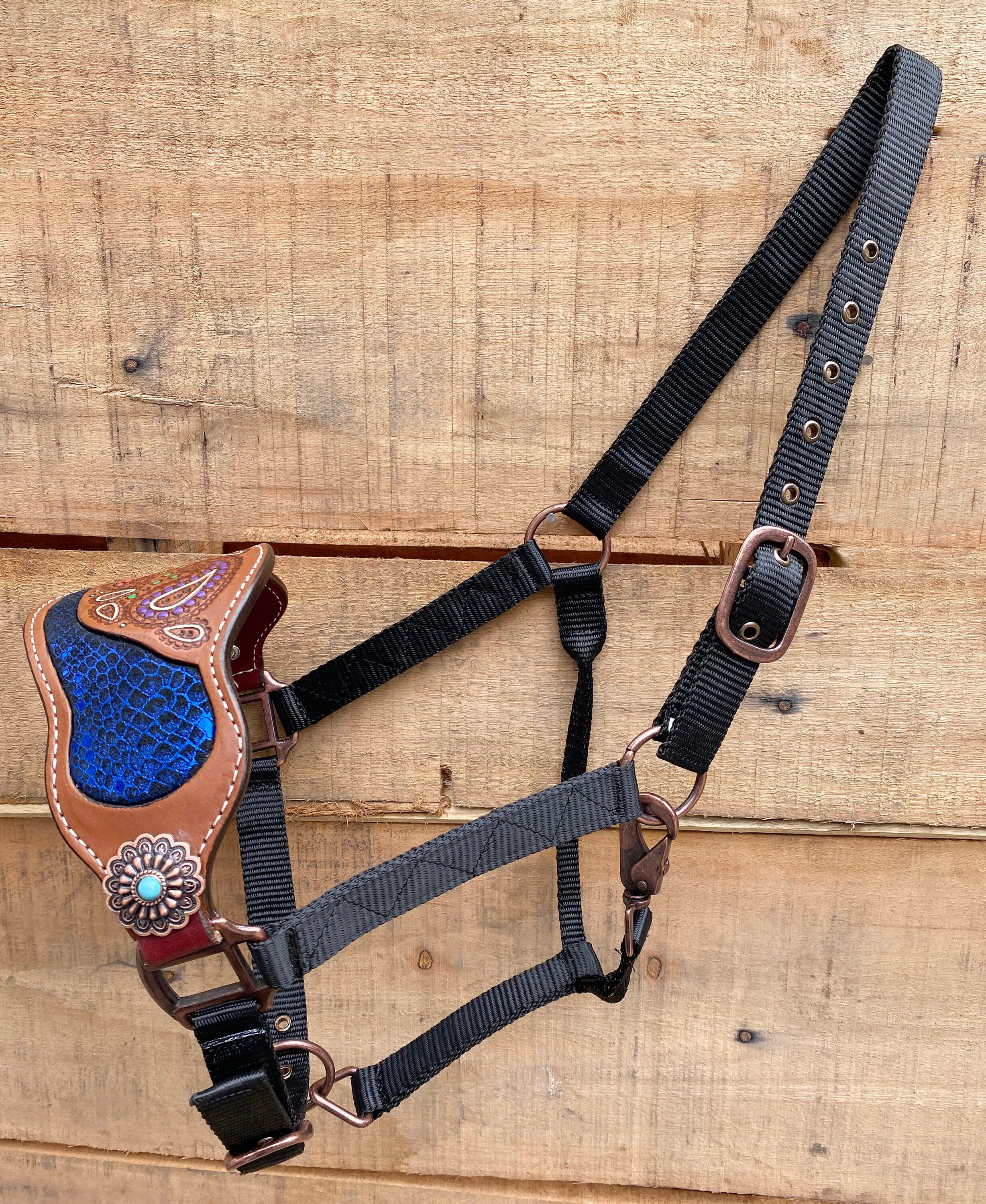 MOUSM Argentina Cow Leather Bronc Halter - Western Horse Halter Decorated with Paisley Carving with Royal Blue Snake Skin-Textured Pattern Inlay