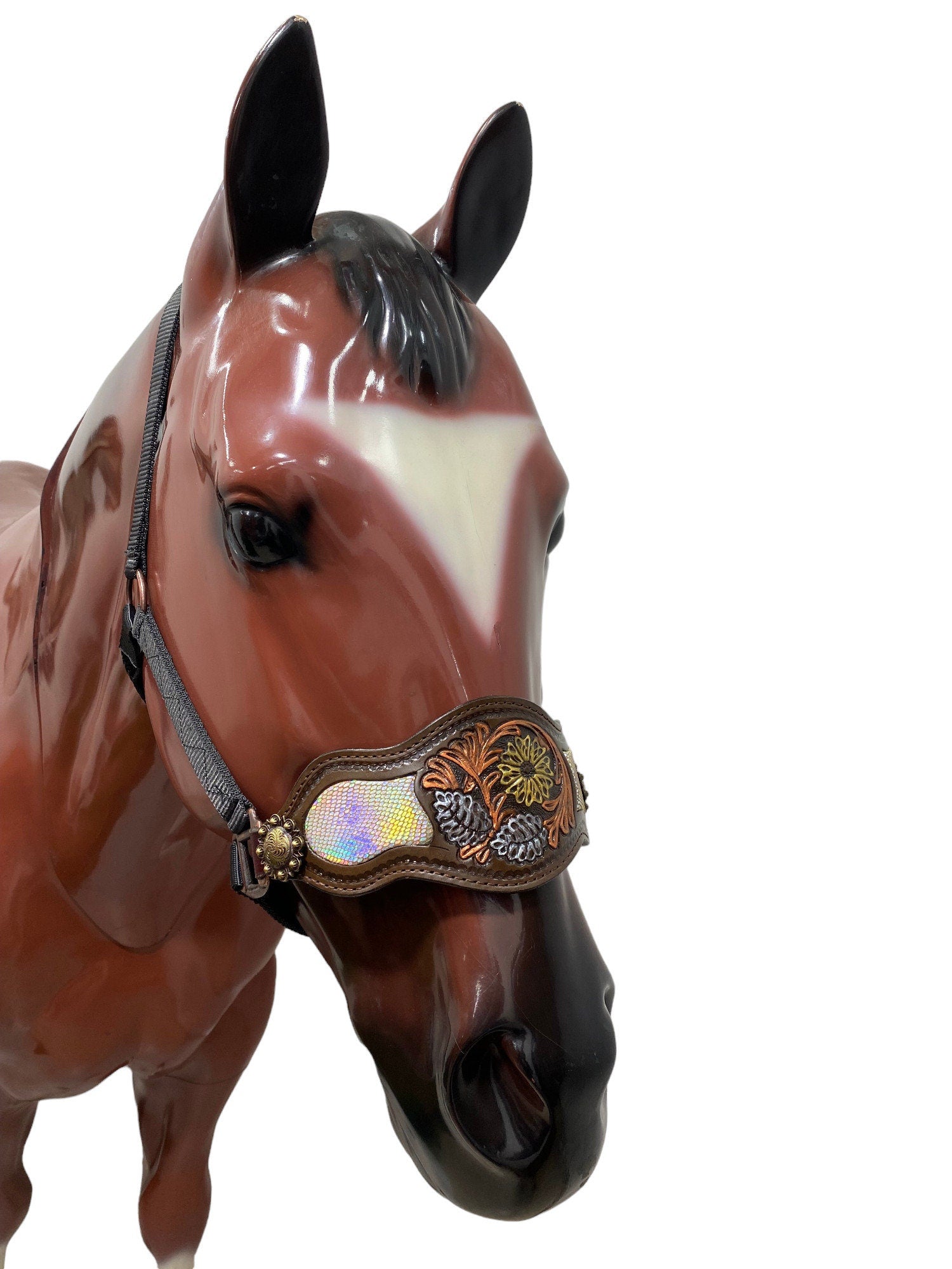 MOUSM Argentina Cow Leather Bronc Halter - Western Horse Halter Decorated with Floral & Leaf Carving and Holographic Snake Print Inlay, Antique Copper Conchos