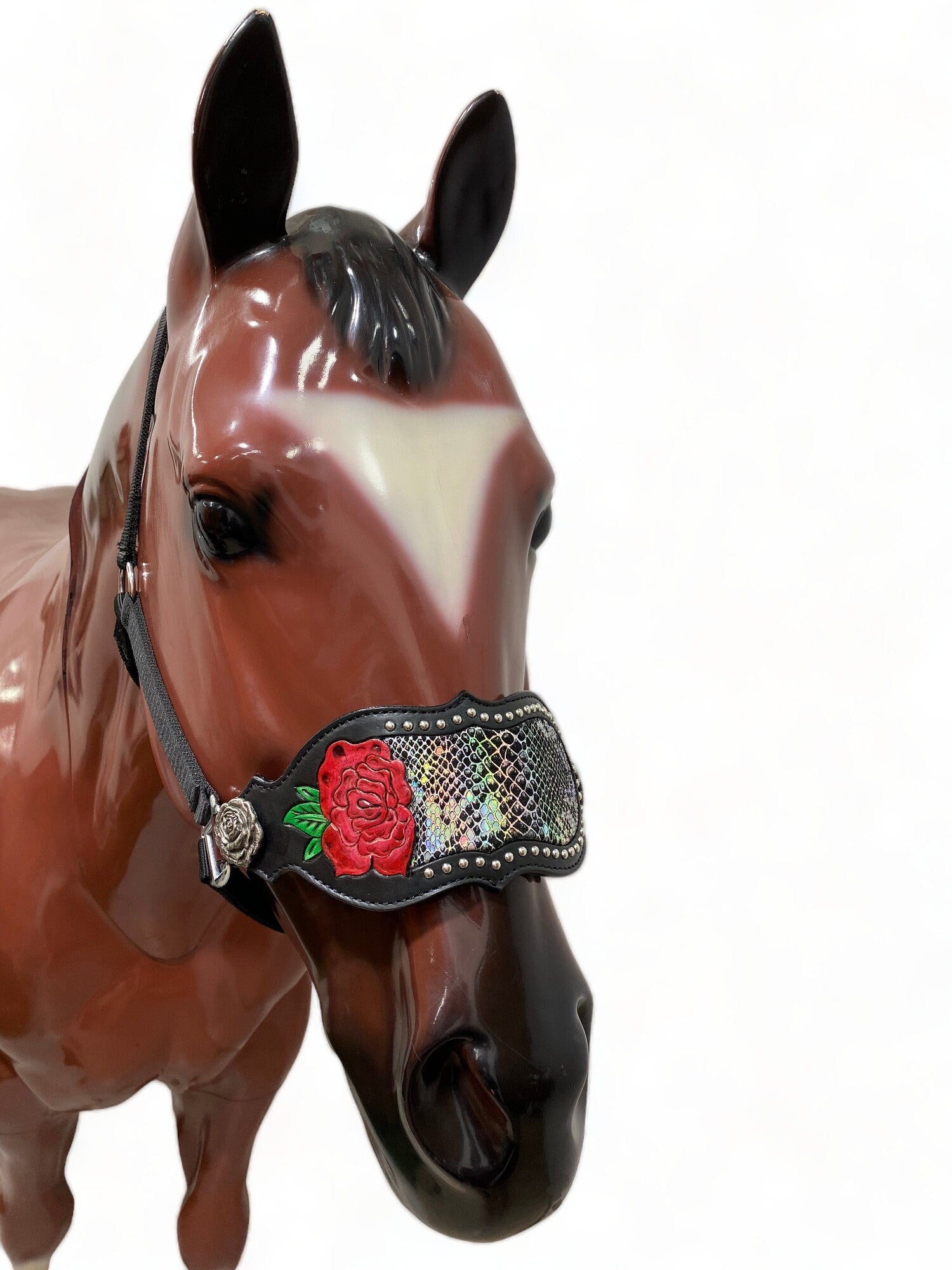 MOUSM Argentina Cow Leather Bronc Halter - Western Horse Halter Decorated with Hand-Carved Rose Design and Holographic Snake Print with Silver Studs & Rose Design Conchos