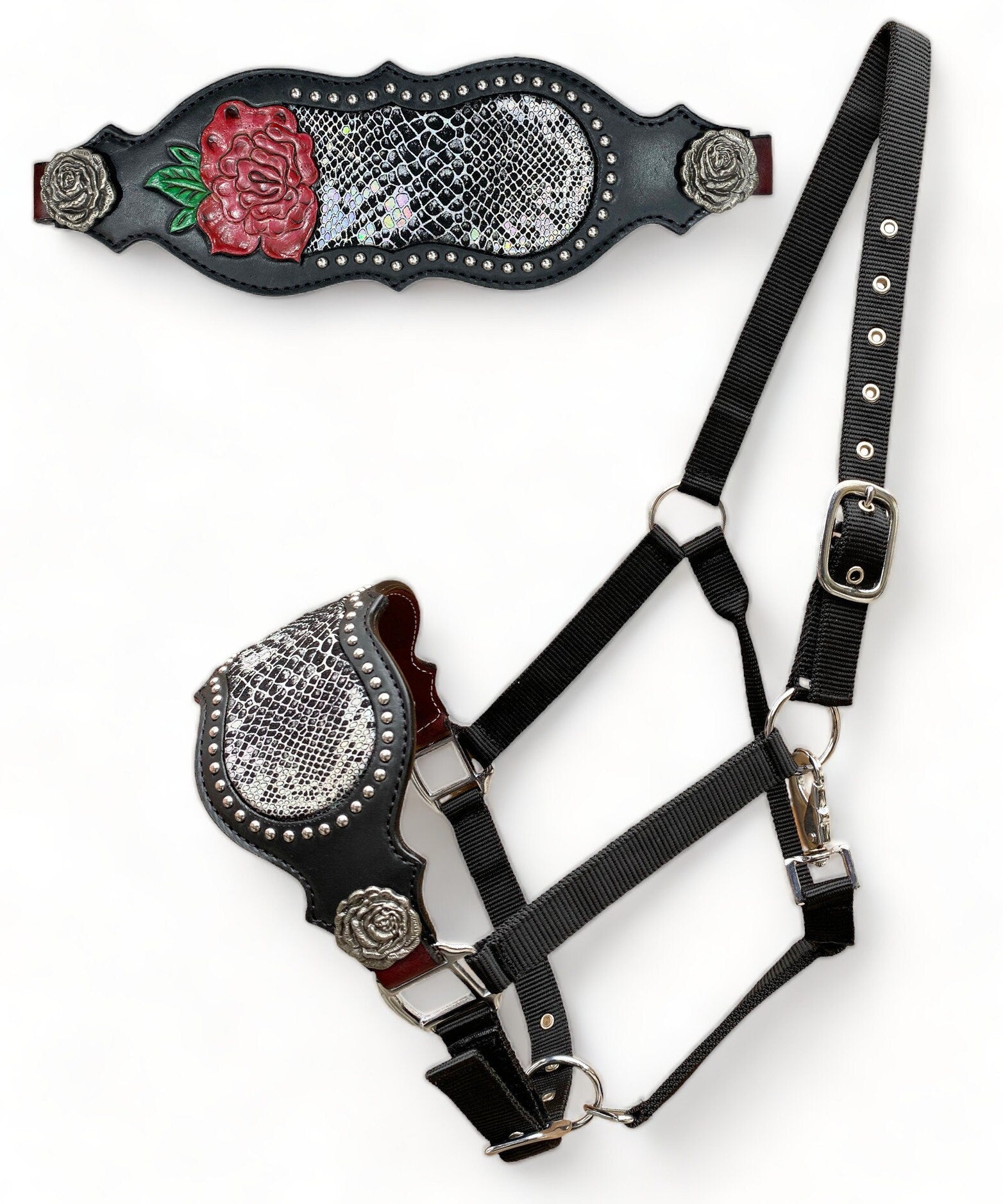 MOUSM Argentina Cow Leather Bronc Halter - Western Horse Halter Decorated with Hand-Carved Rose Design and Holographic Snake Print with Silver Studs & Rose Design Conchos