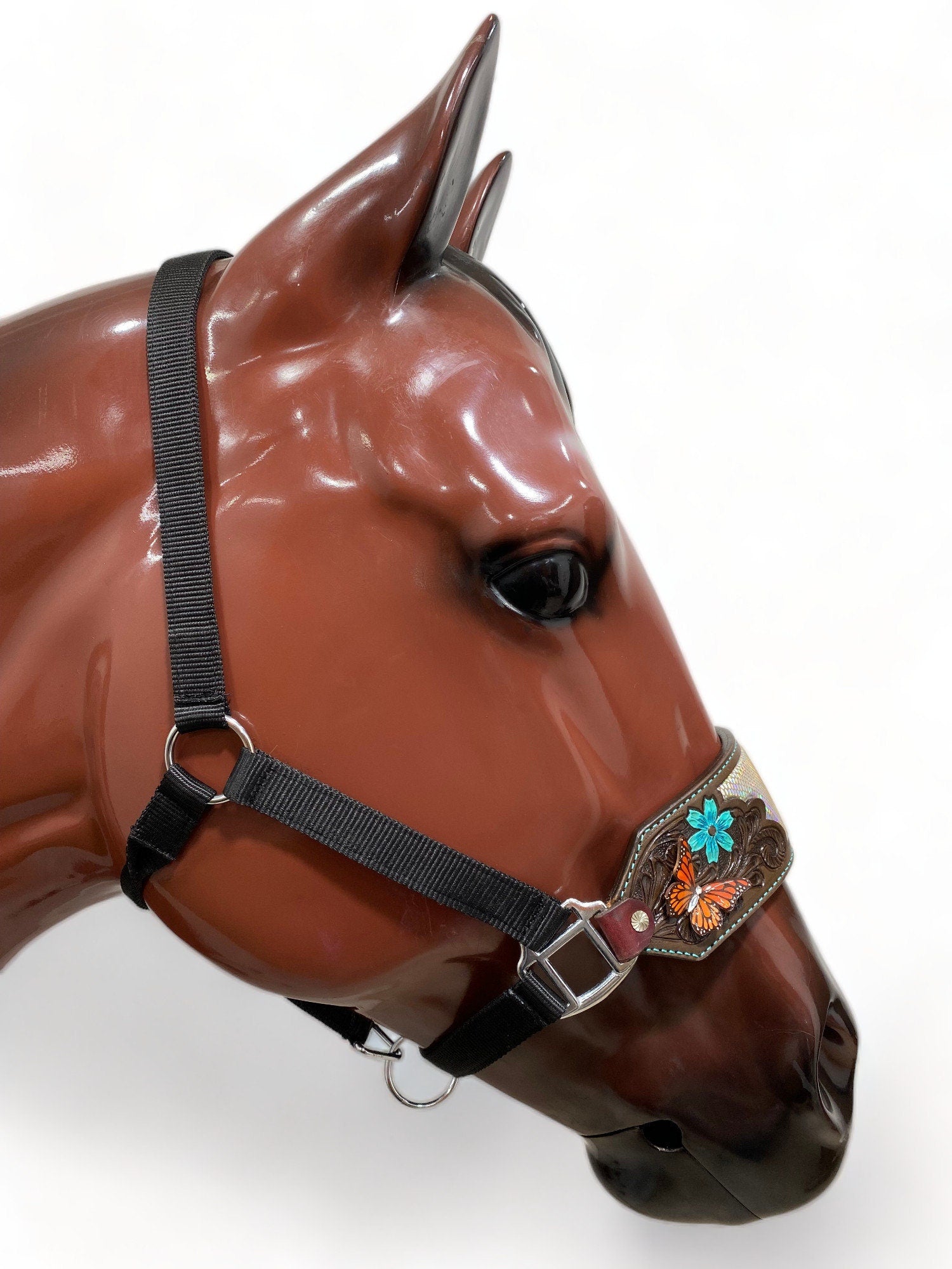 MOUSM Argentina Cow Leather Bronc Halter - Western Horse Halter Decorated with Hand-Carved Floral Design with 3D Butterfly and Holographic Snake Print Leather