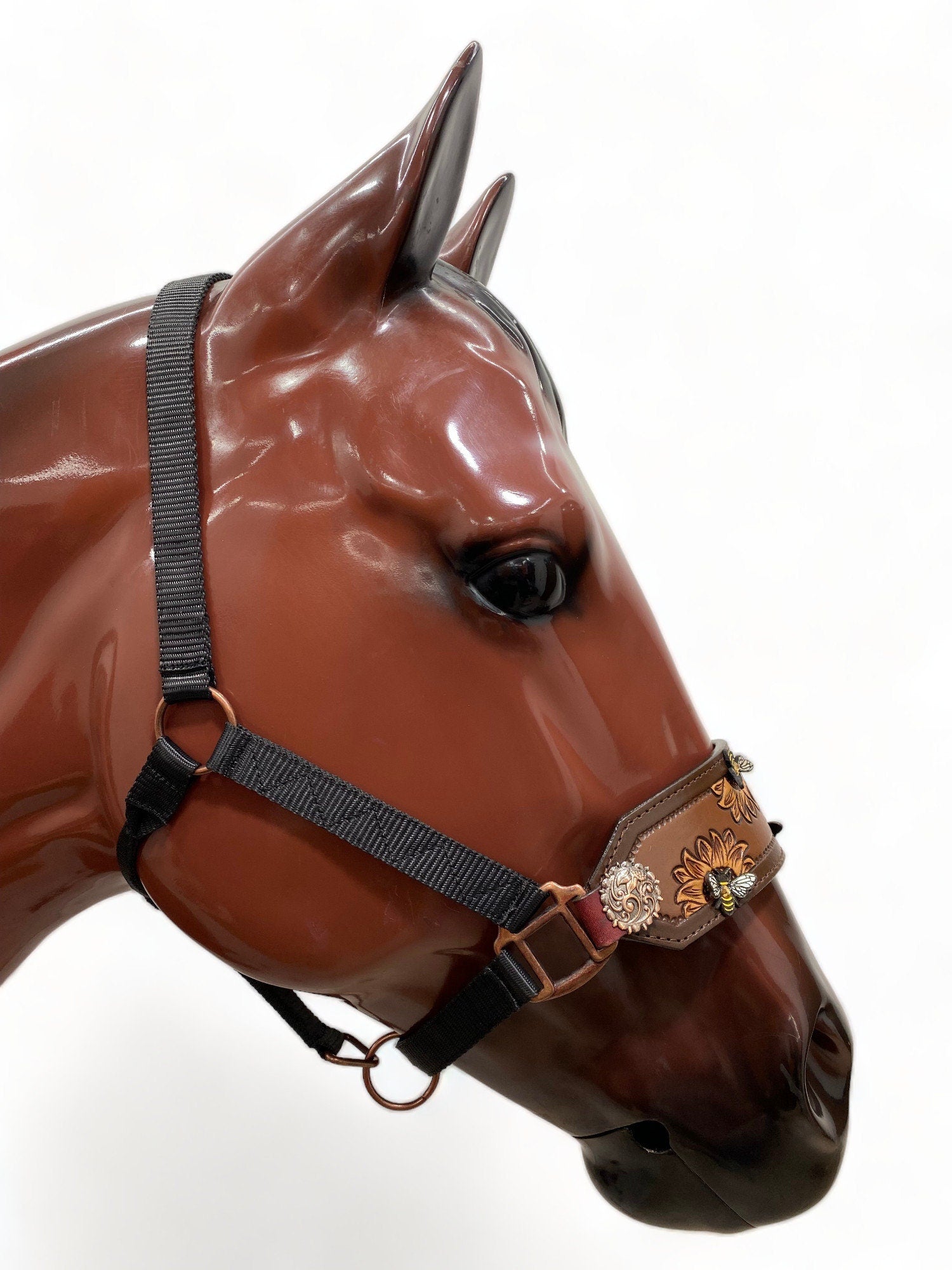 MOSUM Argentina Cow Leather Bronc Halter - Western Horse Halter Decorated with Hand-Painted Sunflower & 3D Bees Carving, Antique Copper Conchos