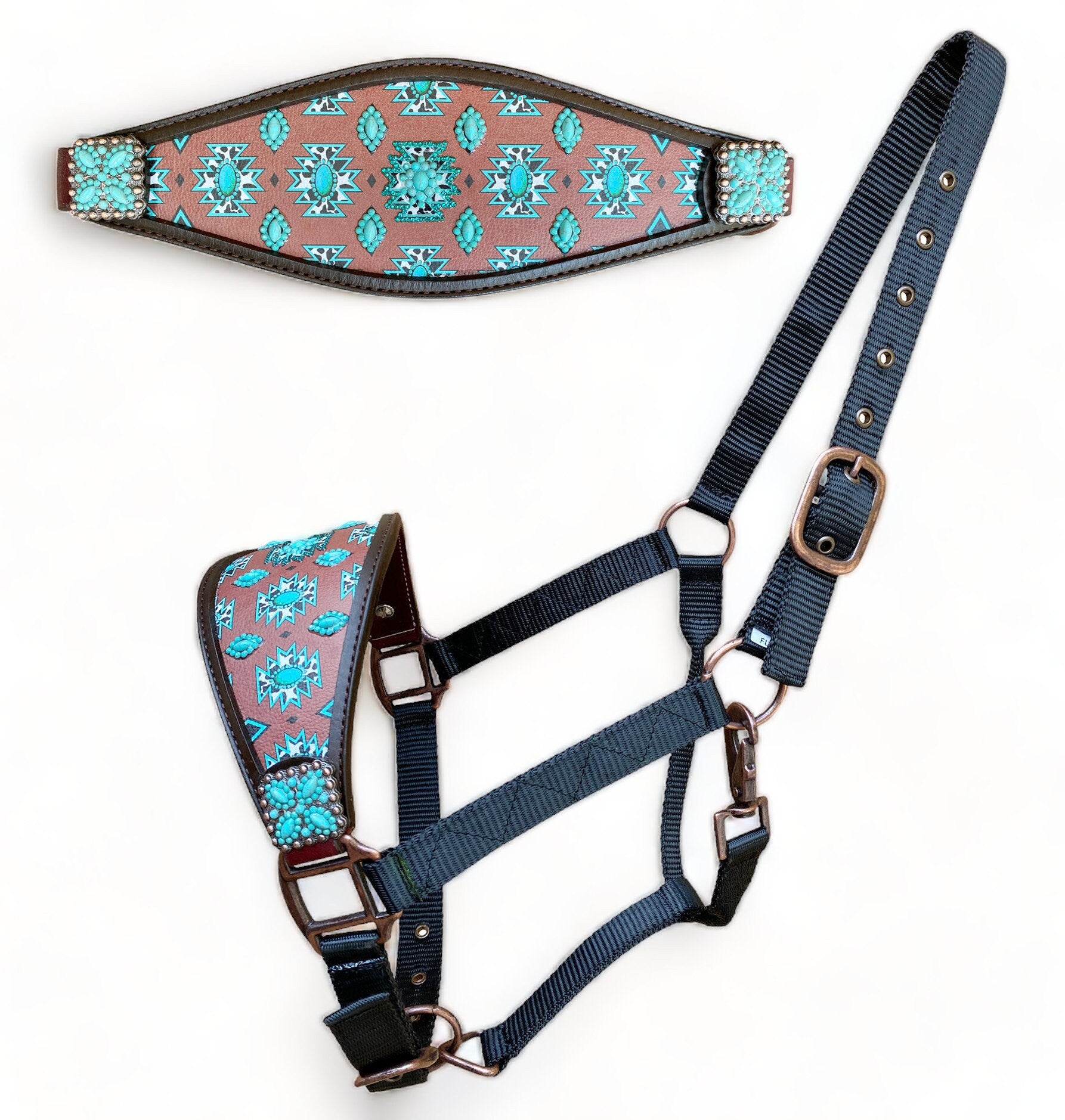 MOUSM Western Bronc Halter – Argentina Cow Leather Halter For Horse Decorated With Turquoise Aztec Print, Embellished With Stones On Brown Leather And A Matching Concho