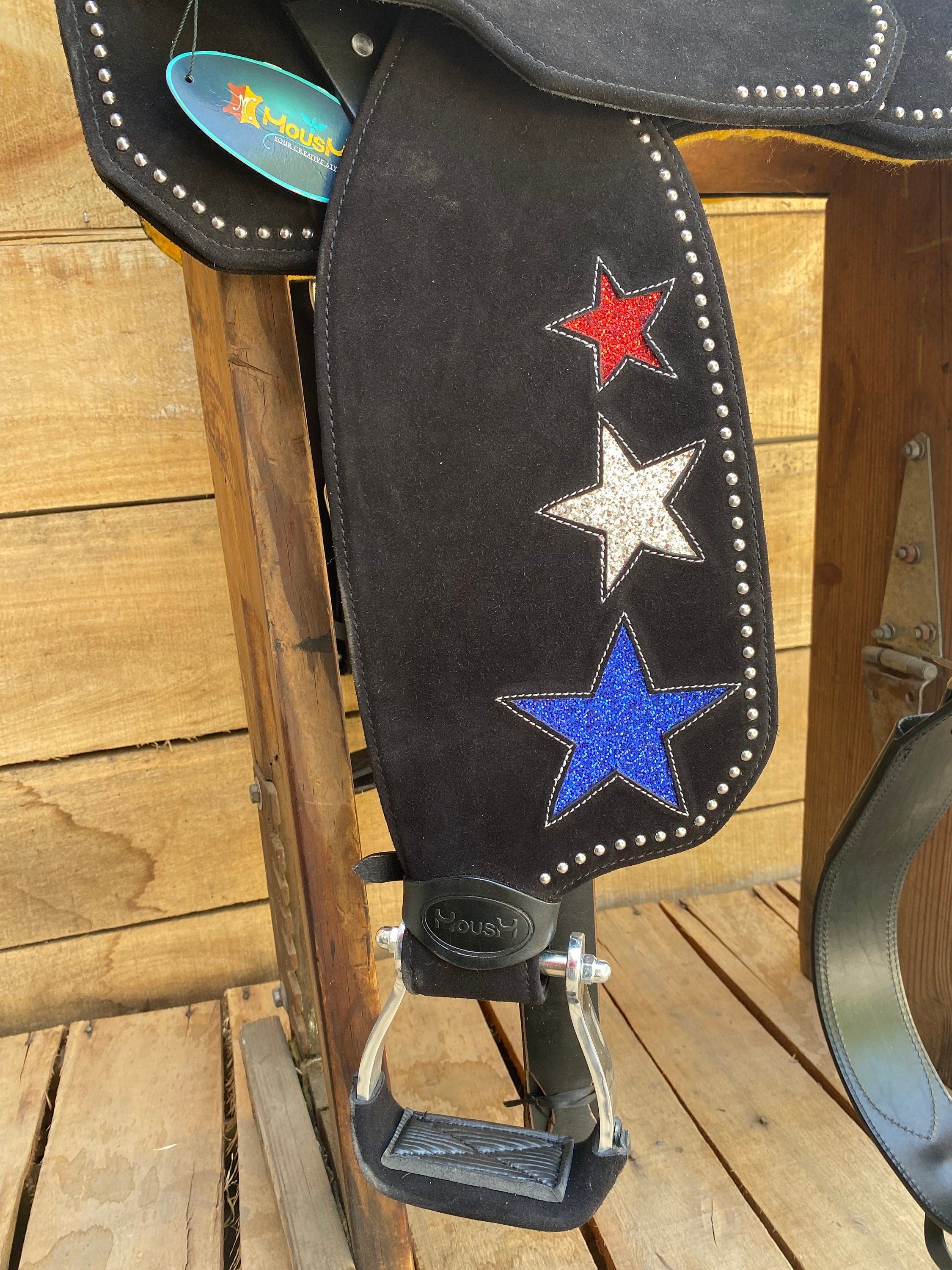 MOUSM Western Barrel Saddle - Built on a Rawhide Covered Fiber Tree, Saddle Made from Genuine Black Argentina Leather with USA Flag Star Patch, Available in 13"-17" Seat Options