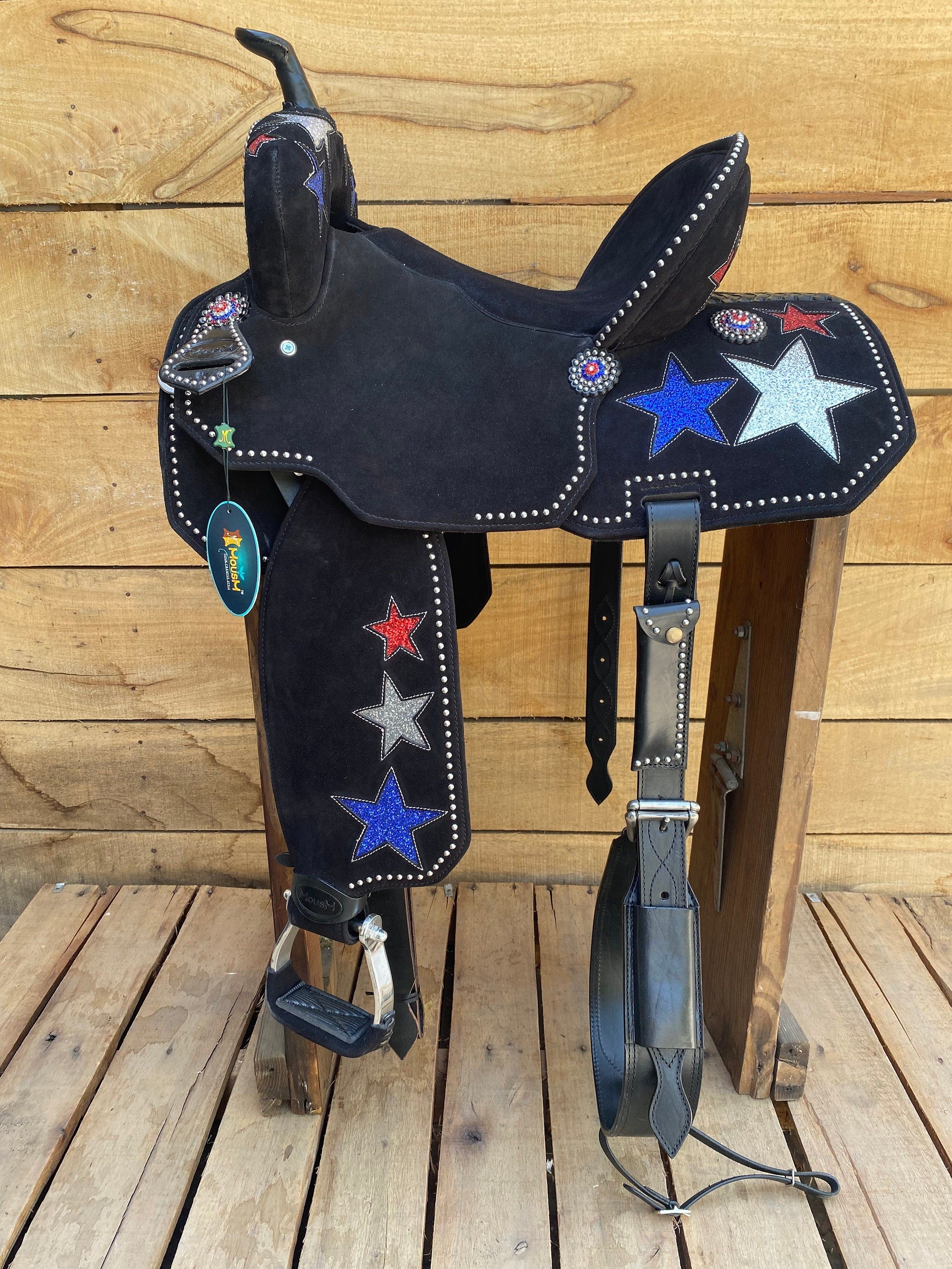 MOUSM Western Barrel Saddle - Built on a Rawhide Covered Fiber Tree, Saddle Made from Genuine Black Argentina Leather with USA Flag Star Patch, Available in 13"-17" Seat Options