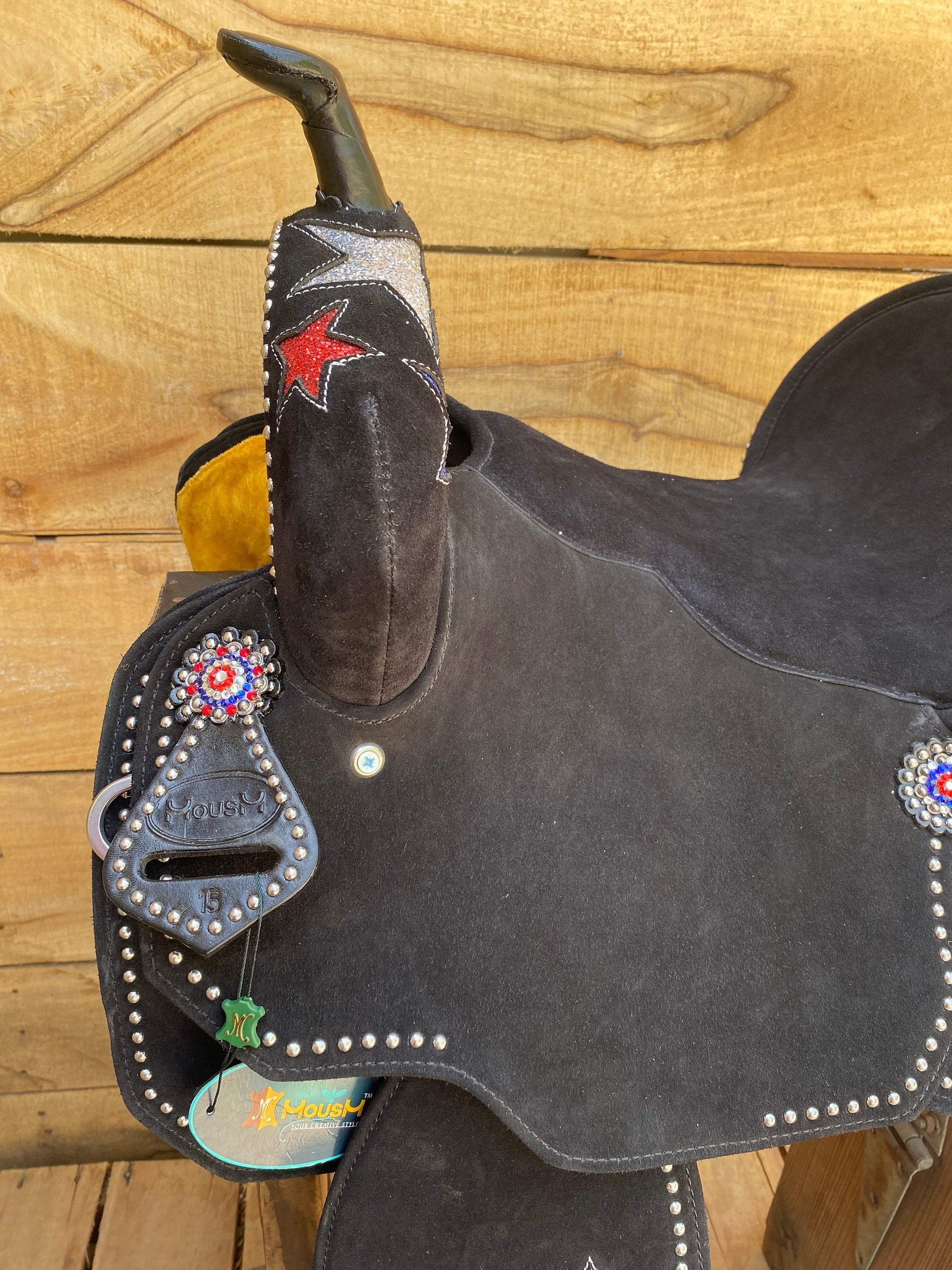 MOUSM Western Barrel Saddle - Built on a Rawhide Covered Fiber Tree, Saddle Made from Genuine Black Argentina Leather with USA Flag Star Patch, Available in 13"-17" Seat Options