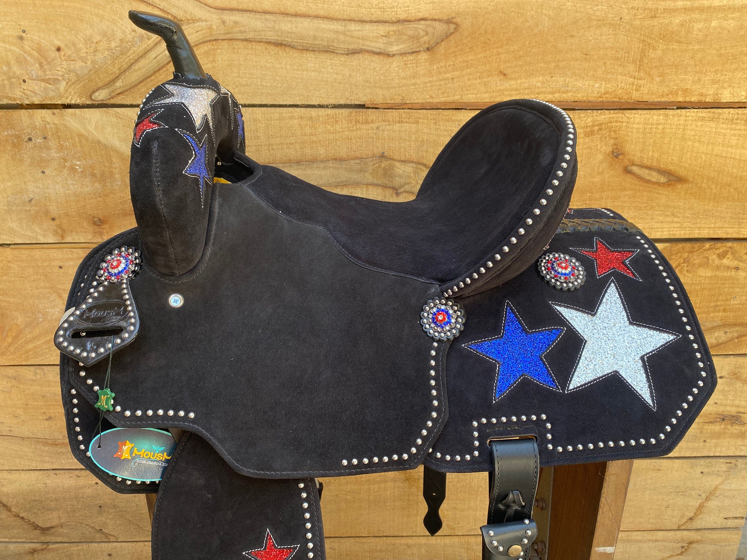 MOUSM Western Barrel Saddle - Built on a Rawhide Covered Fiber Tree, Saddle Made from Genuine Black Argentina Leather with USA Flag Star Patch, Available in 13"-17" Seat Options
