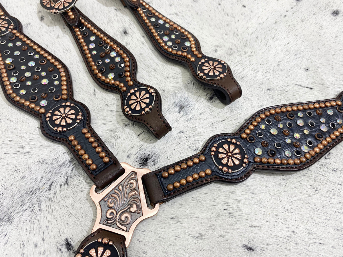 Black AB Rhinestones Headstall & Breast Collar Set, Copper Studs