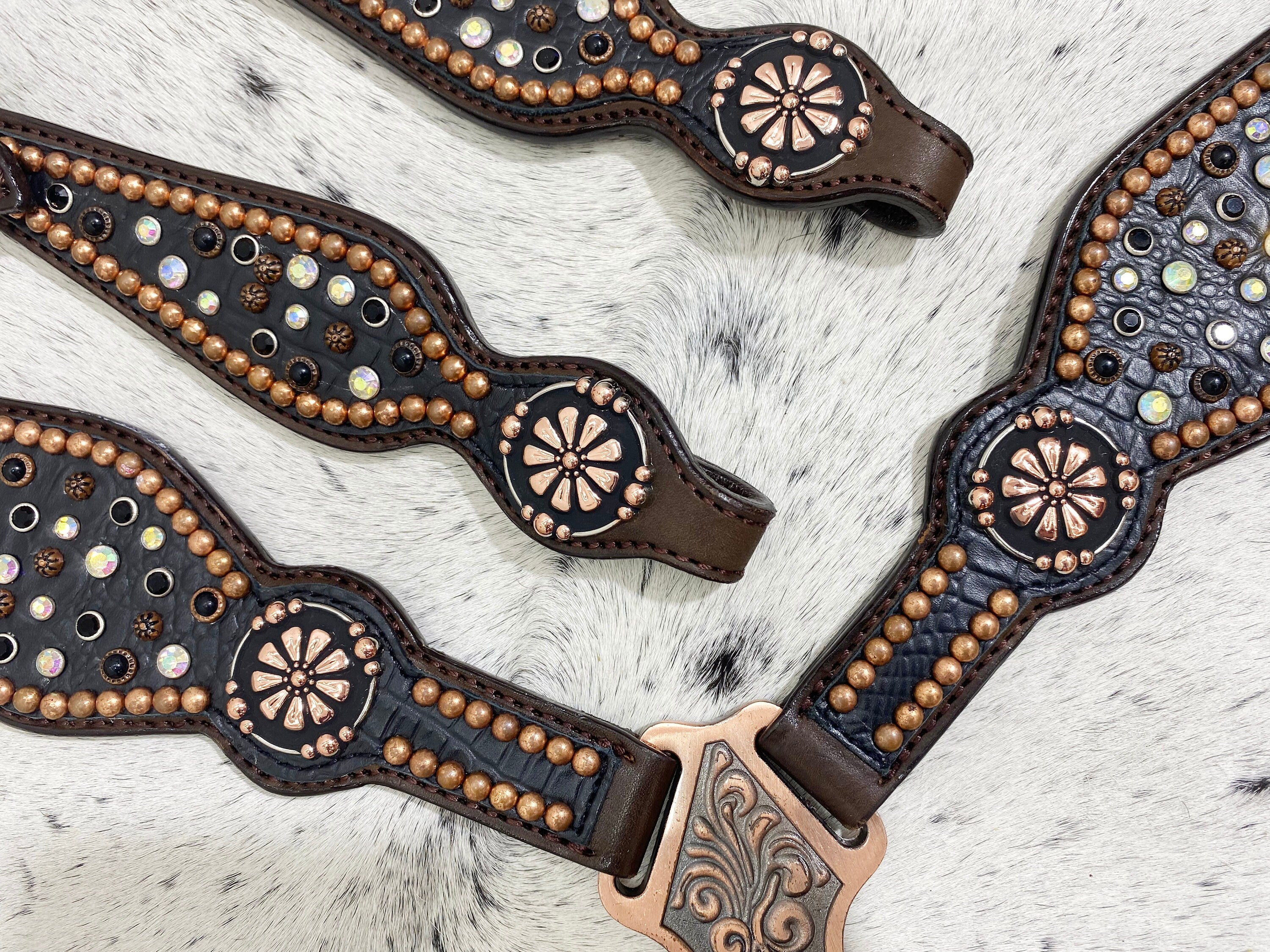 MOUSM Western Headstall & Breast Collar Set for Horse – Made from Argentina Cow Leather, Western Bridle set with Black AB Rhinestones, Copper Studs & Two-Tone Nickel-Copper Hardware