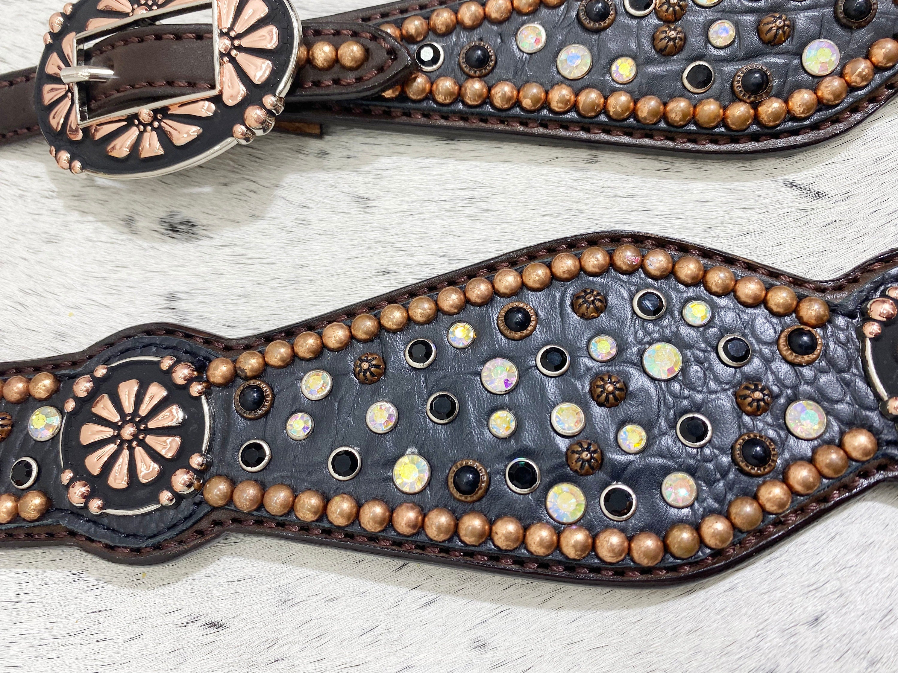 MOUSM Western Headstall & Breast Collar Set for Horse – Made from Argentina Cow Leather, Western Bridle set with Black AB Rhinestones, Copper Studs & Two-Tone Nickel-Copper Hardware