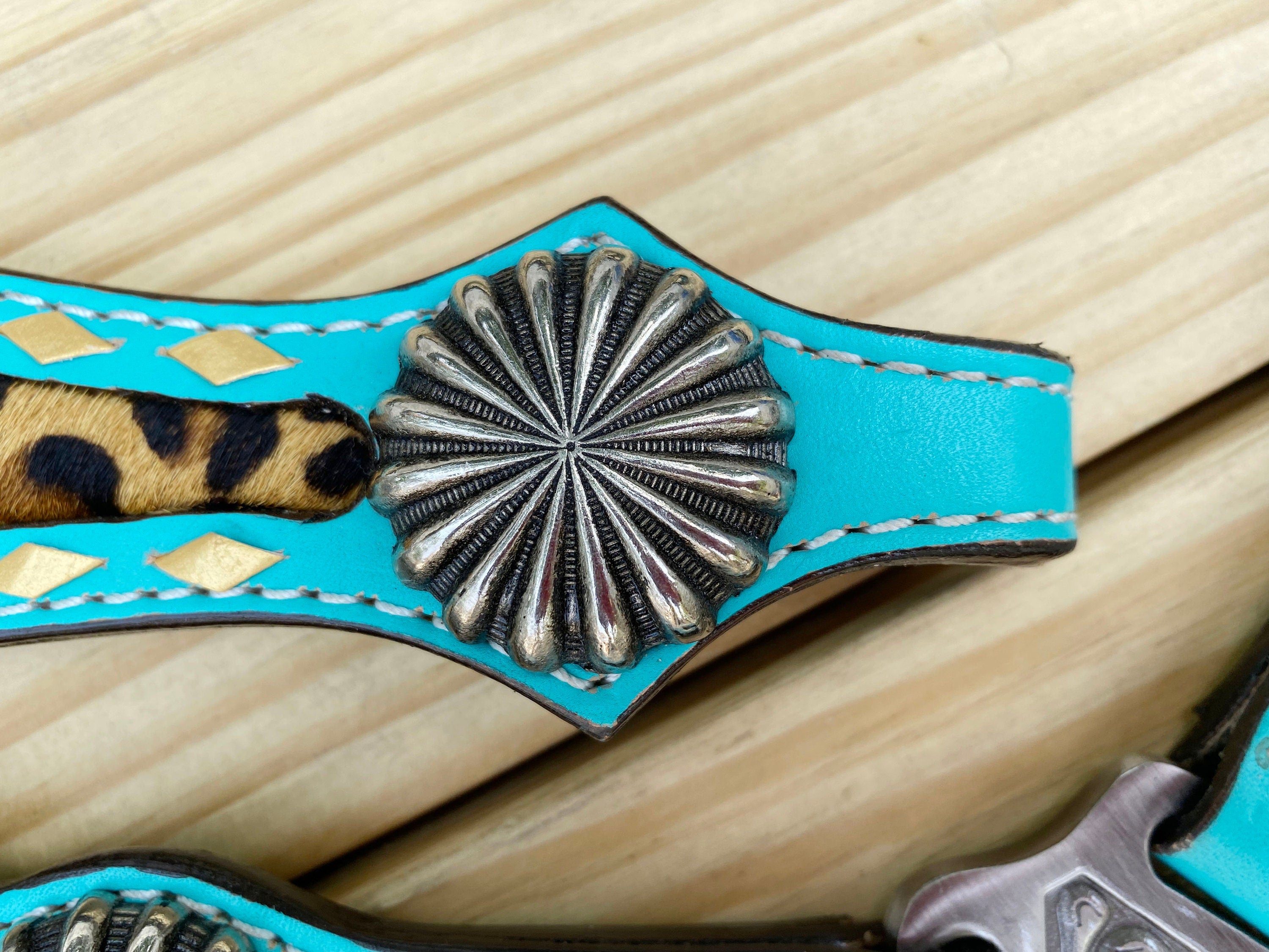 MOUSM Western Leather Headstall & Breast Collar Set – Turquoise Horse Tack with Leopard Pattern Inlay and Leather Brown Fringe, Sunburst Concho