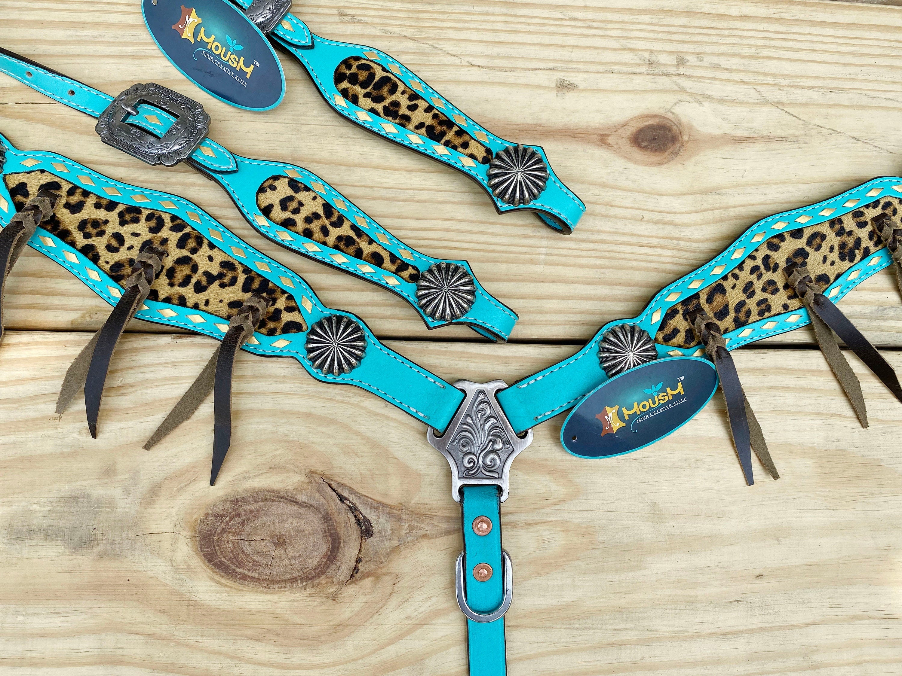 MOUSM Western Leather Headstall & Breast Collar Set – Turquoise Horse Tack with Leopard Pattern Inlay and Leather Brown Fringe, Sunburst Concho