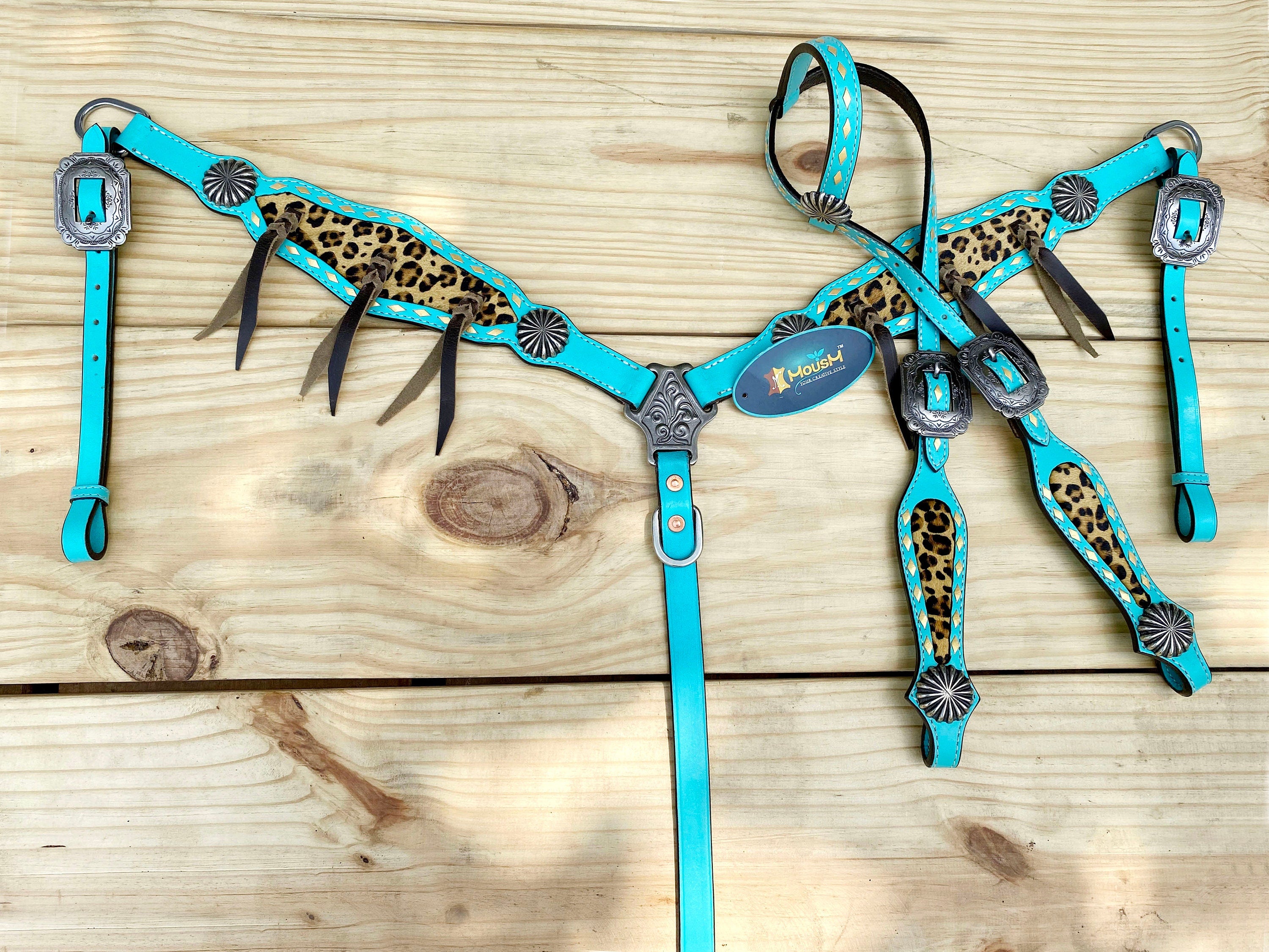 MOUSM Western Leather Headstall & Breast Collar Set – Turquoise Horse Tack with Leopard Pattern Inlay and Leather Brown Fringe, Sunburst Concho