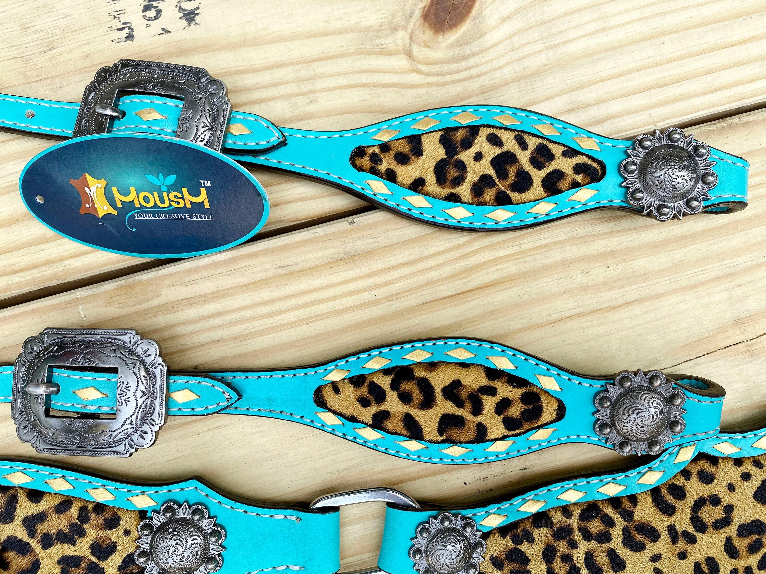 MOUSM Western Leather Headstall & Breast Collar Set – Western Headstall Decorated with Leopard Pattern Inlay on Center Patch and Nickle Conchos