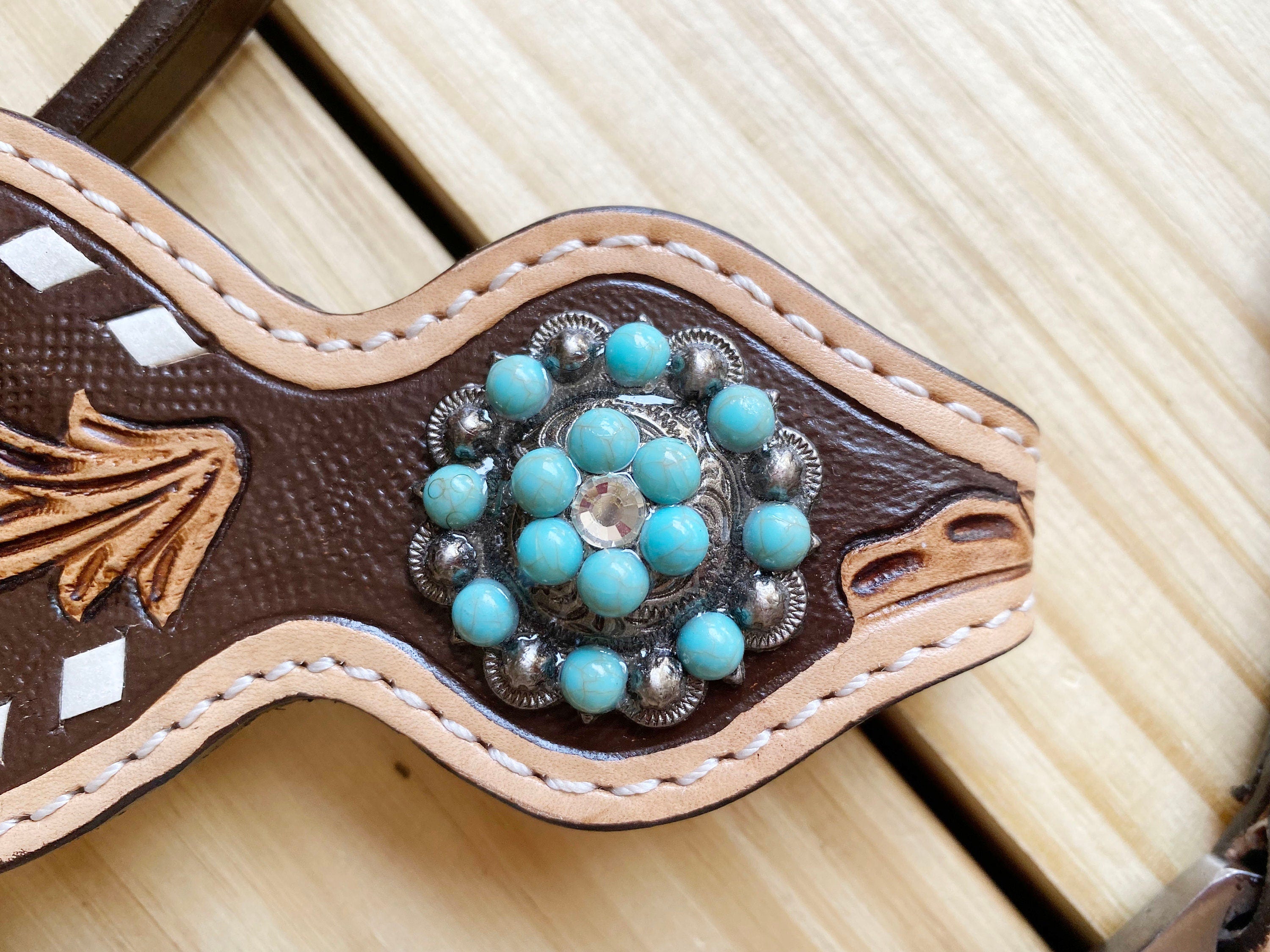 MOUSM Browband Headstall and Breast Collar Set - Argentina Cow Leather Western Horse Bridle Breast Collar Set Decorated with Hand - Carved Design and Buck Stitching, Turquoise Stone Concho