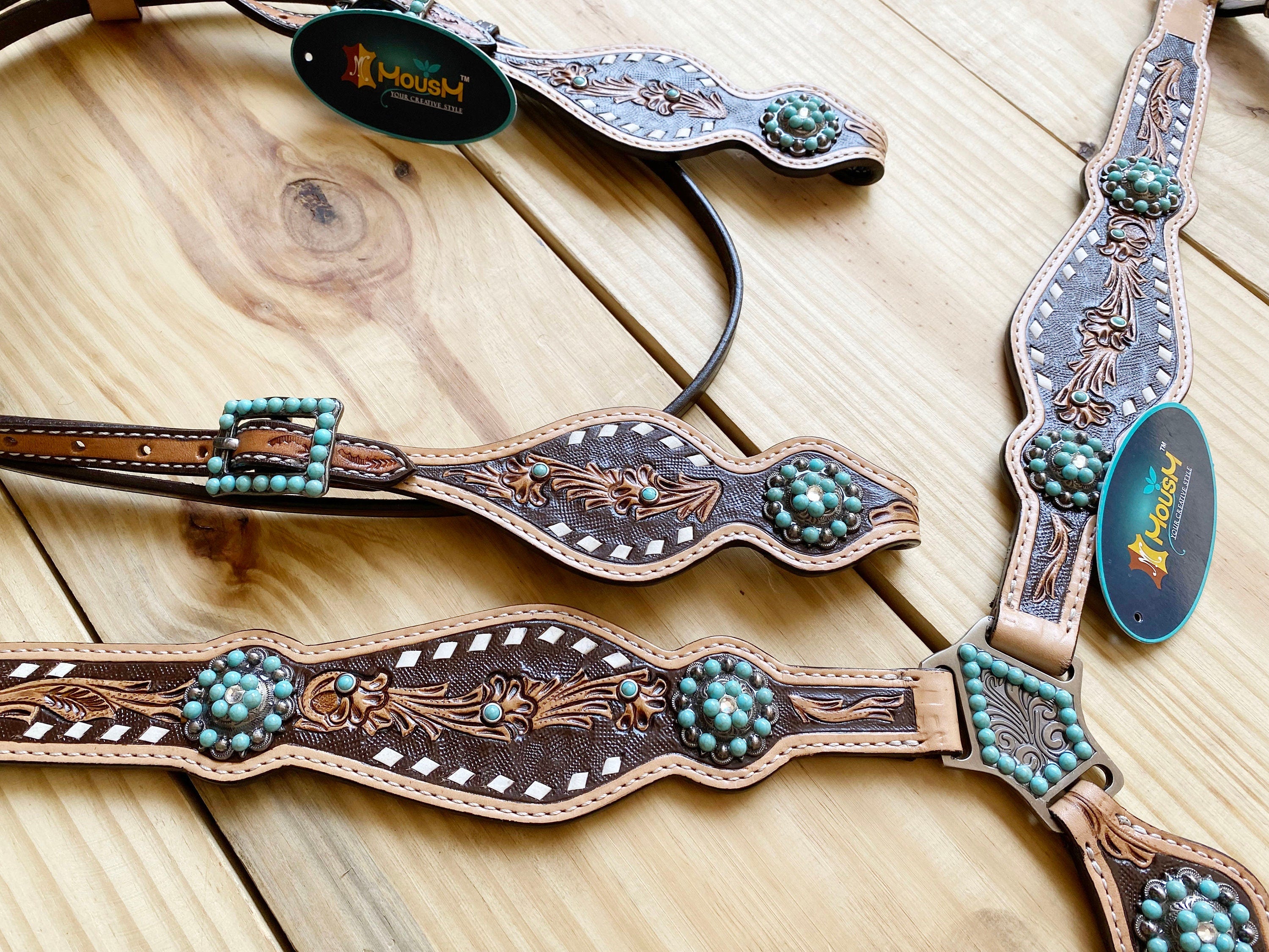 MOUSM Browband Headstall and Breast Collar Set - Argentina Cow Leather Western Horse Bridle Breast Collar Set Decorated with Hand - Carved Design and Buck Stitching, Turquoise Stone Concho