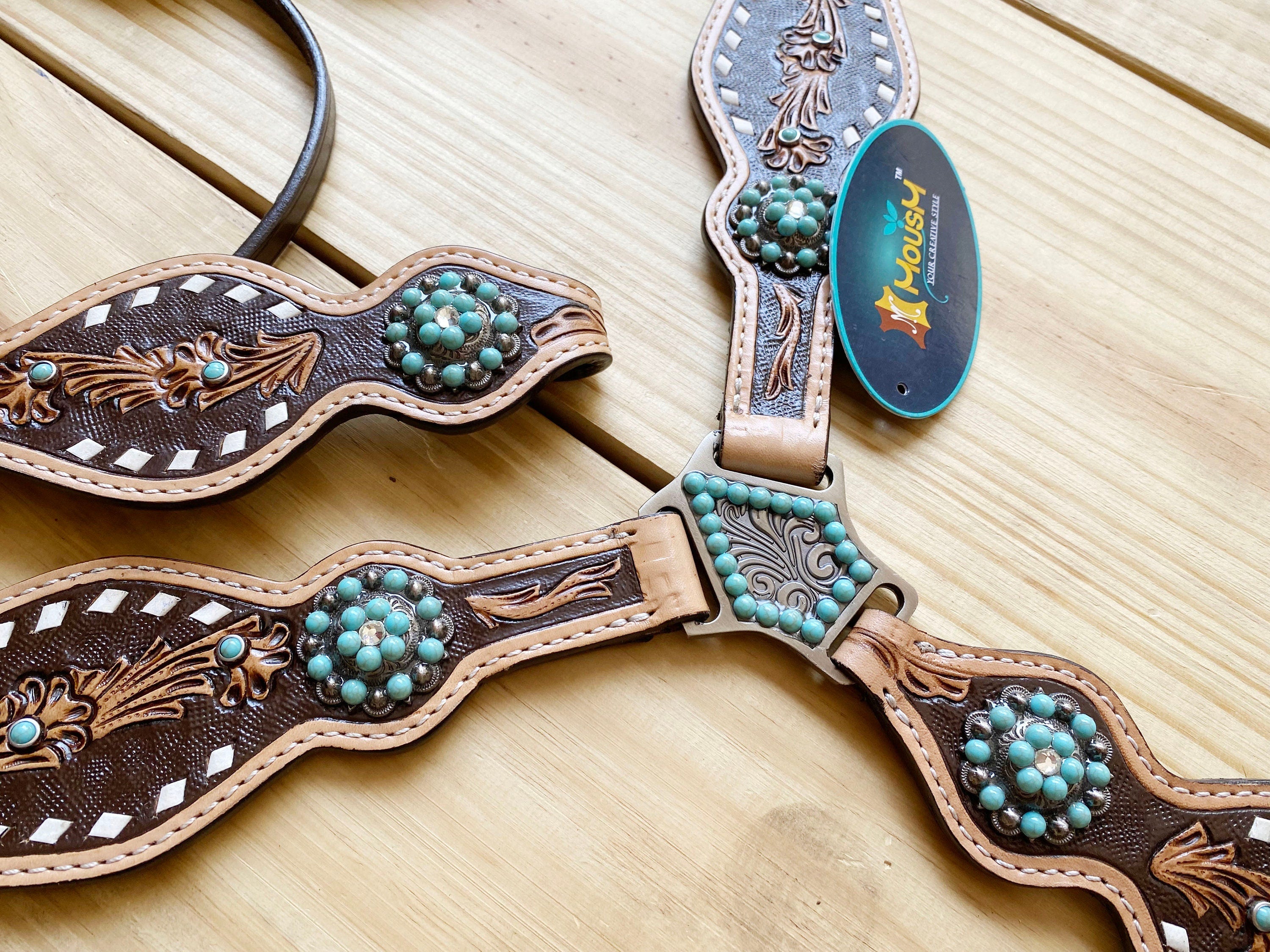 MOUSM Browband Headstall and Breast Collar Set - Argentina Cow Leather Western Horse Bridle Breast Collar Set Decorated with Hand - Carved Design and Buck Stitching, Turquoise Stone Concho