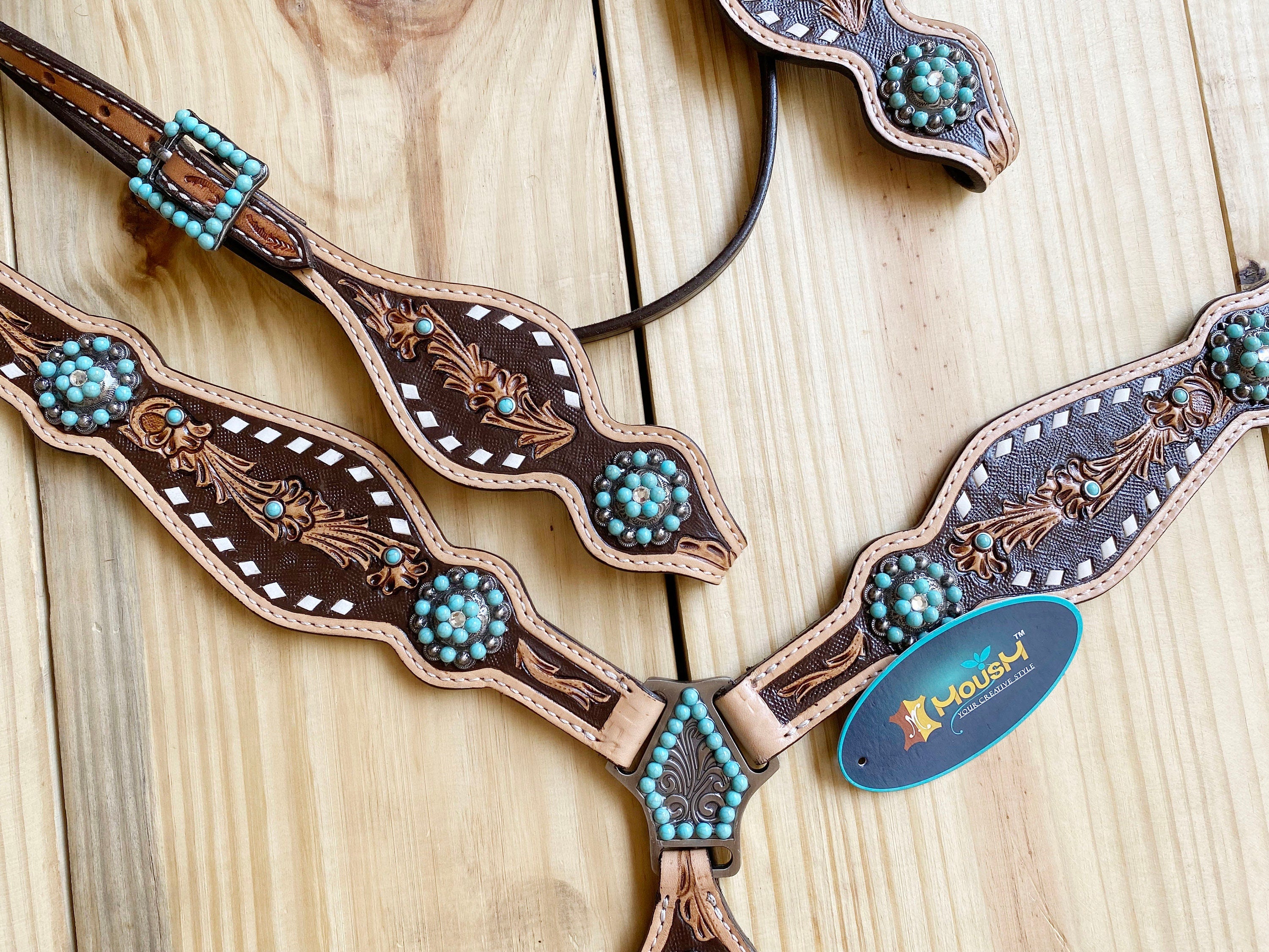 MOUSM Browband Headstall and Breast Collar Set - Argentina Cow Leather Western Horse Bridle Breast Collar Set Decorated with Hand - Carved Design and Buck Stitching, Turquoise Stone Concho