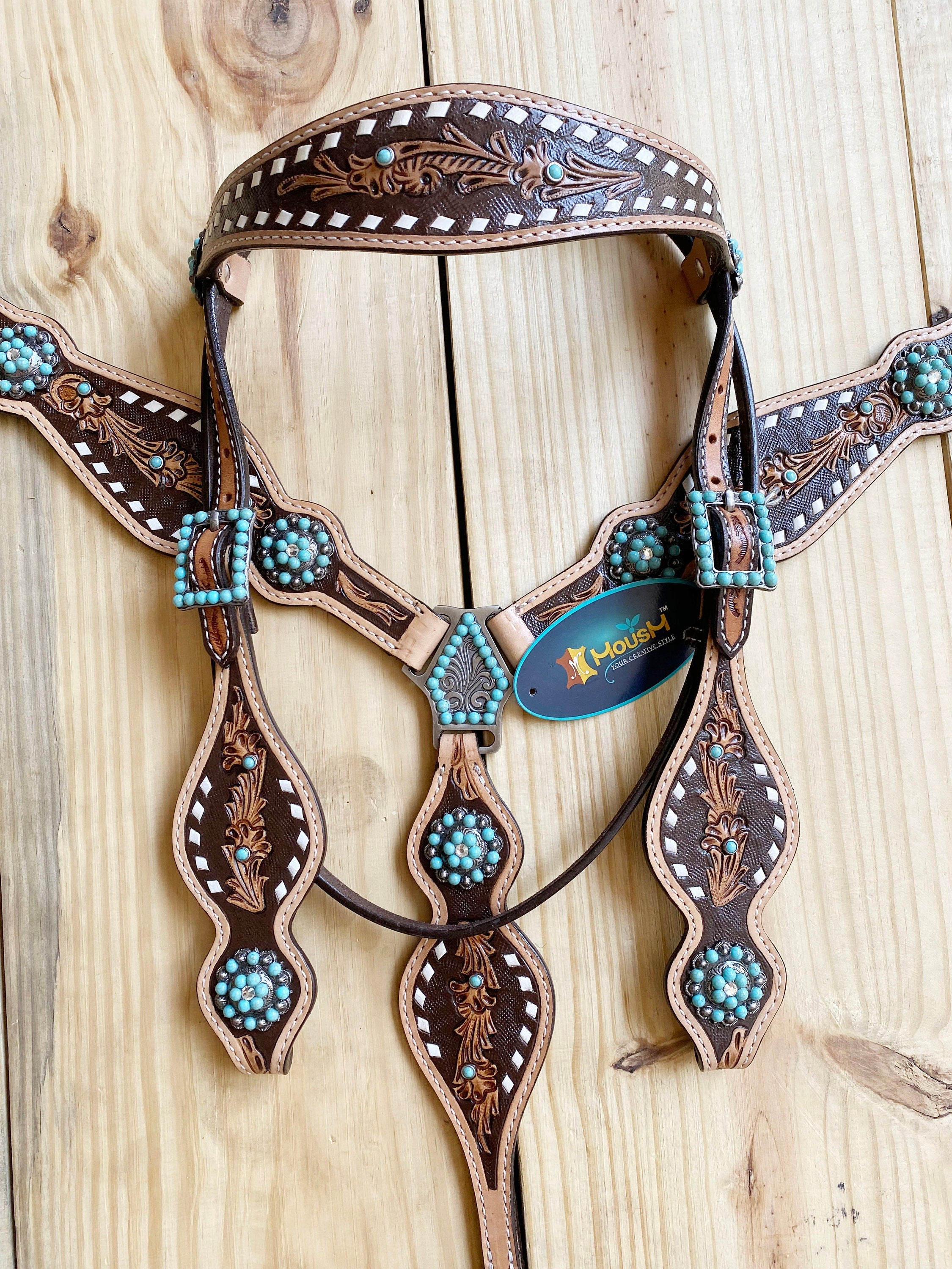 MOUSM Browband Headstall and Breast Collar Set - Argentina Cow Leather Western Horse Bridle Breast Collar Set Decorated with Hand - Carved Design and Buck Stitching, Turquoise Stone Concho