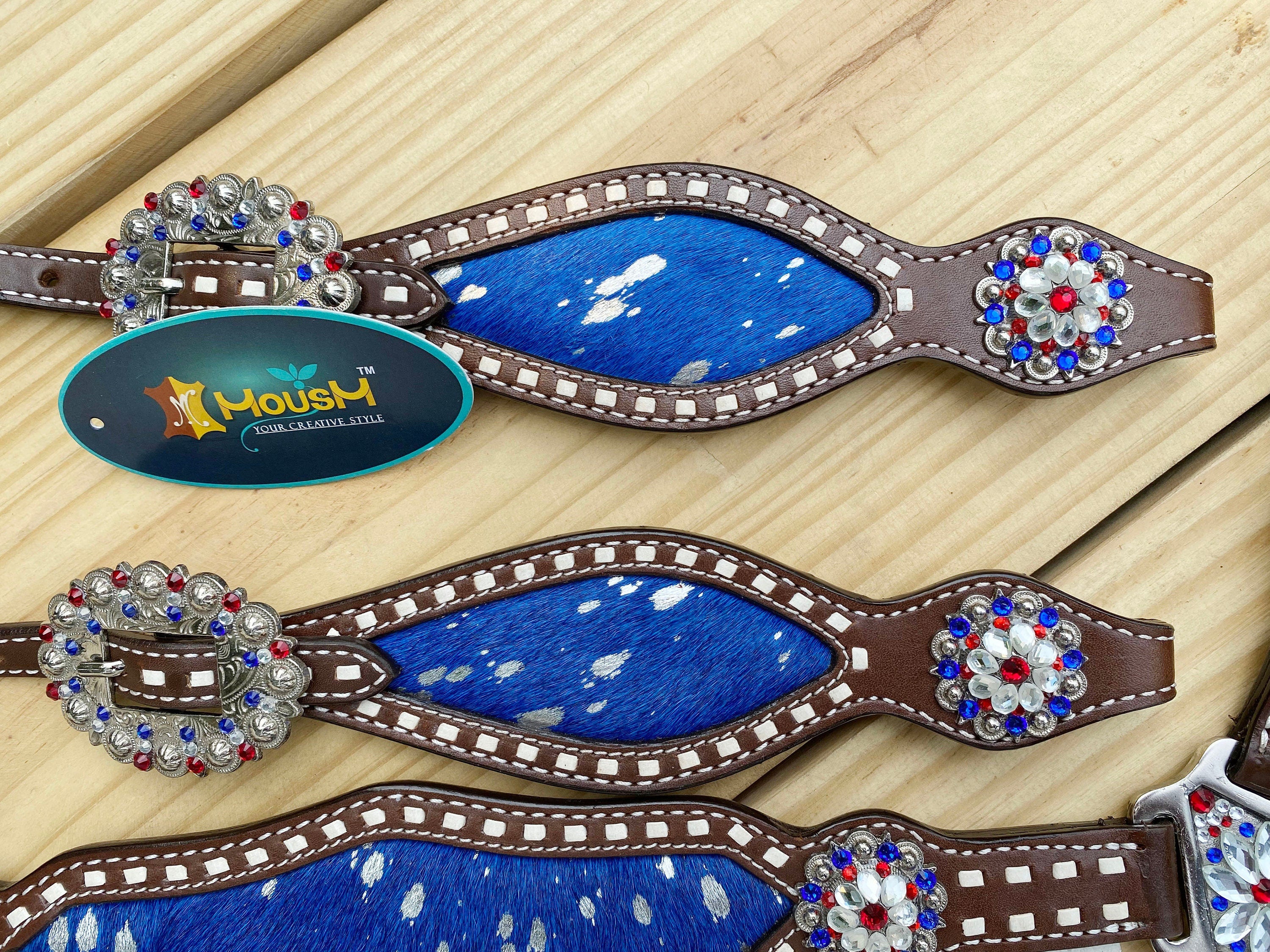 MOUSM 4th July Western Leather Headstall & Breast Collar Set – Independence Western Headstall Tack Decorated Patriotic USA Flag Fringe Design with Metallic Acid Wash Cowhide Inlay & Matching Rhinestones
