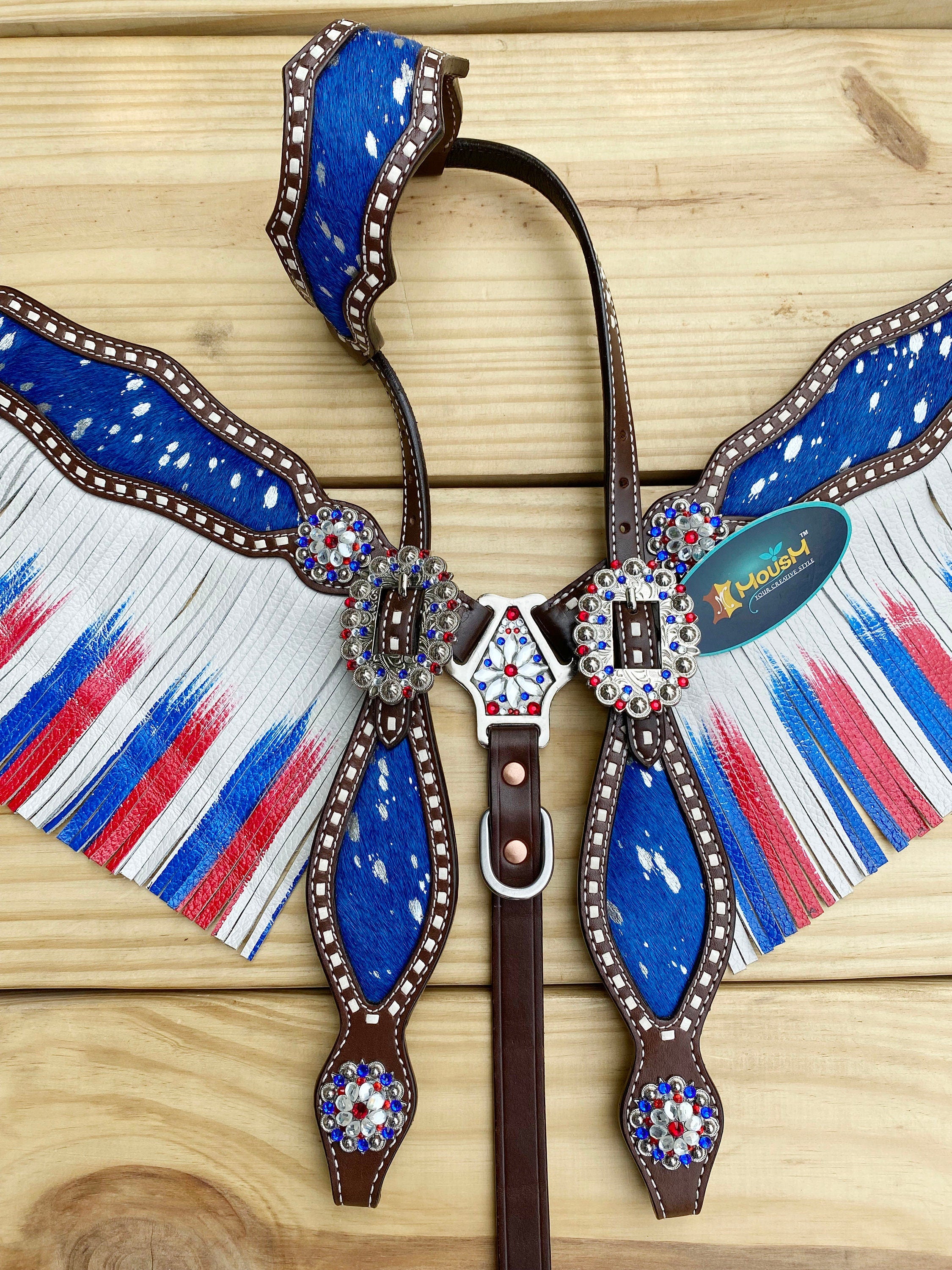 MOUSM 4th July Western Leather Headstall & Breast Collar Set – Independence Western Headstall Tack Decorated Patriotic USA Flag Fringe Design with Metallic Acid Wash Cowhide Inlay & Matching Rhinestones