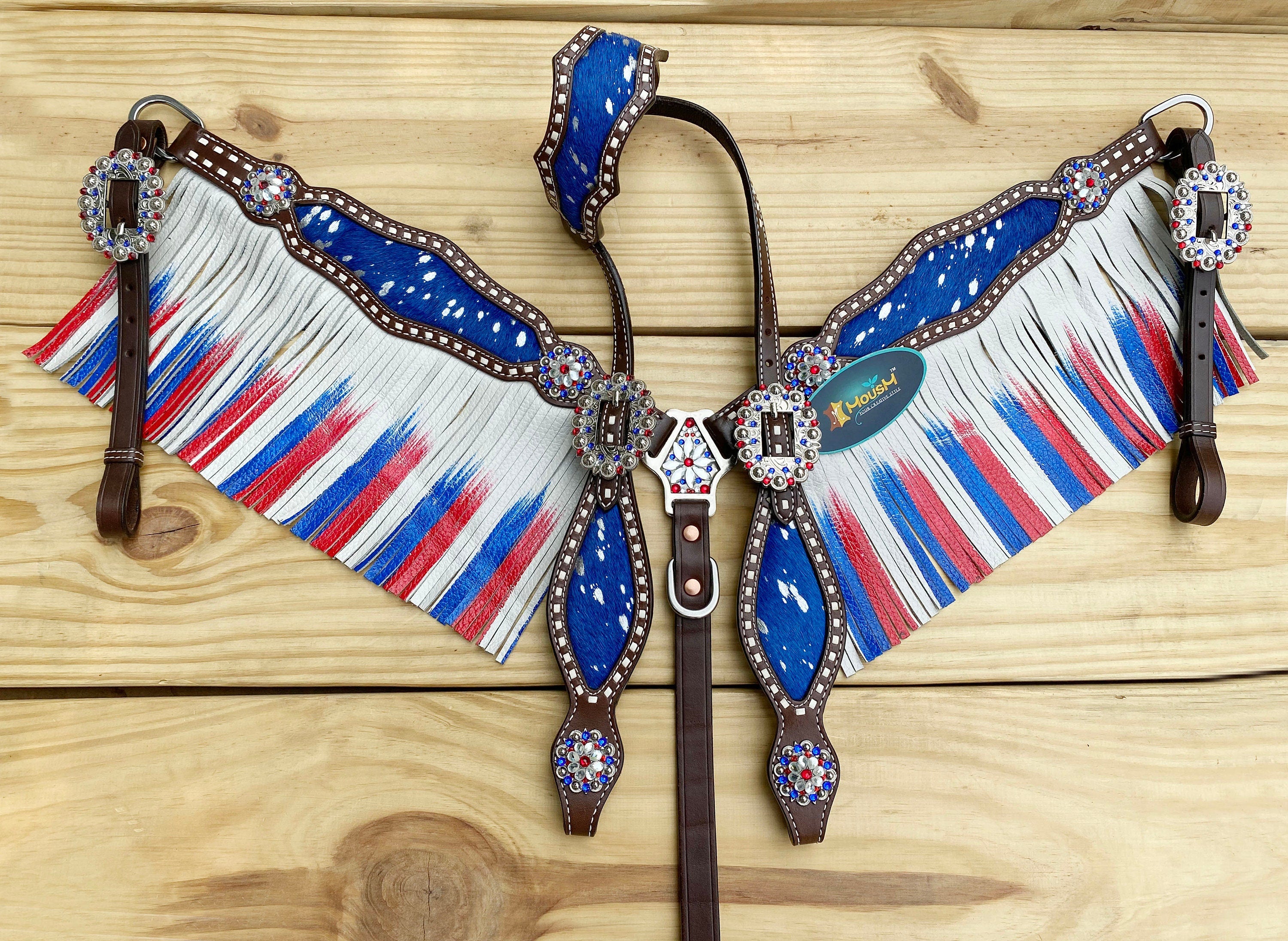 MOUSM 4th July Western Leather Headstall & Breast Collar Set – Independence Western Headstall Tack Decorated Patriotic USA Flag Fringe Design with Metallic Acid Wash Cowhide Inlay & Matching Rhinestones