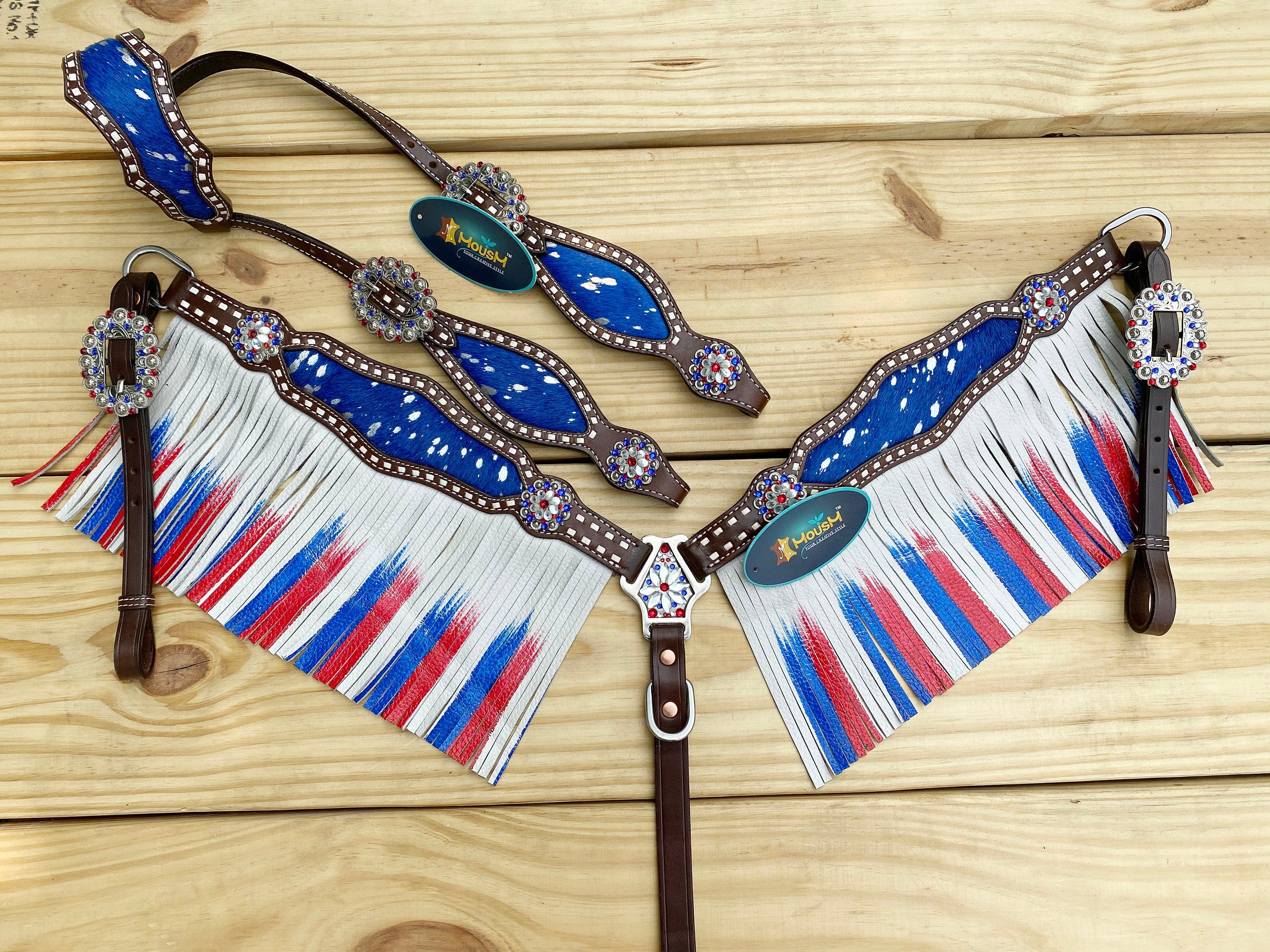 MOUSM 4th July Western Leather Headstall & Breast Collar Set – Independence Western Headstall Tack Decorated Patriotic USA Flag Fringe Design with Metallic Acid Wash Cowhide Inlay & Matching Rhinestones