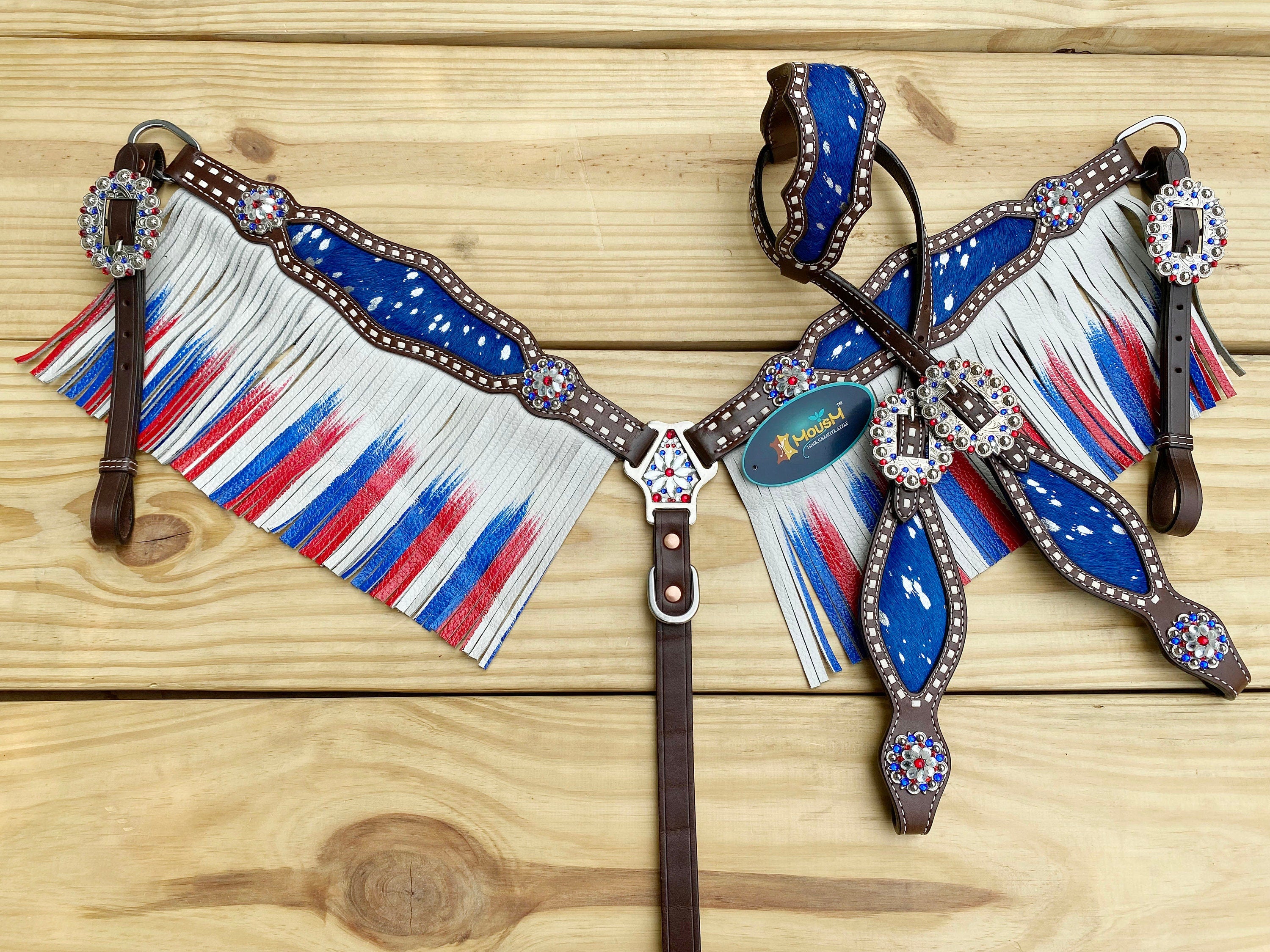 MOUSM 4th July Western Leather Headstall & Breast Collar Set – Independence Western Headstall Tack Decorated Patriotic USA Flag Fringe Design with Metallic Acid Wash Cowhide Inlay & Matching Rhinestones