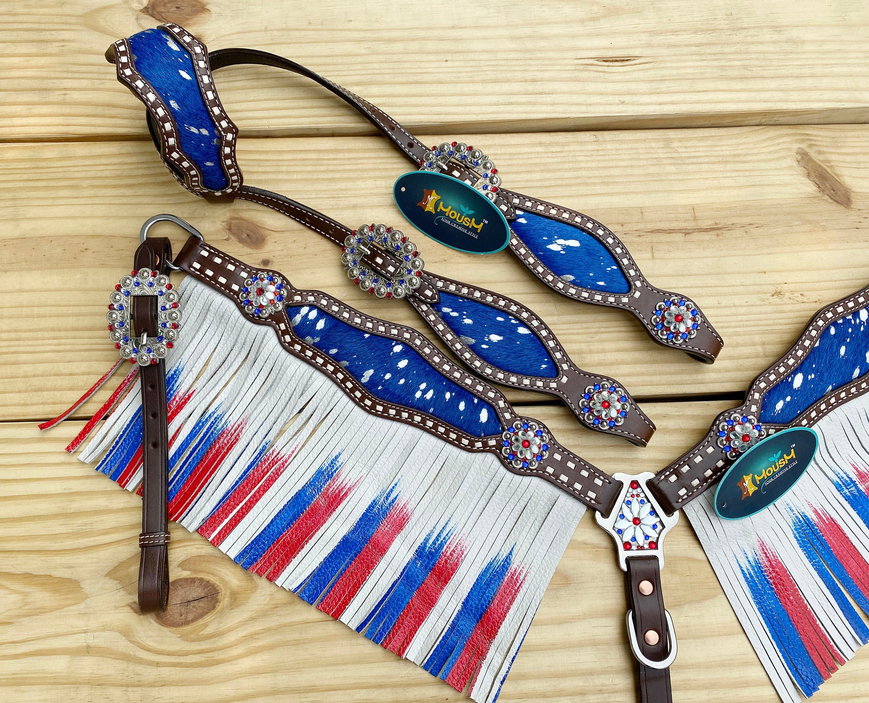 MOUSM 4th July Western Leather Headstall & Breast Collar Set – Independence Western Headstall Tack Decorated Patriotic USA Flag Fringe Design with Metallic Acid Wash Cowhide Inlay & Matching Rhinestones