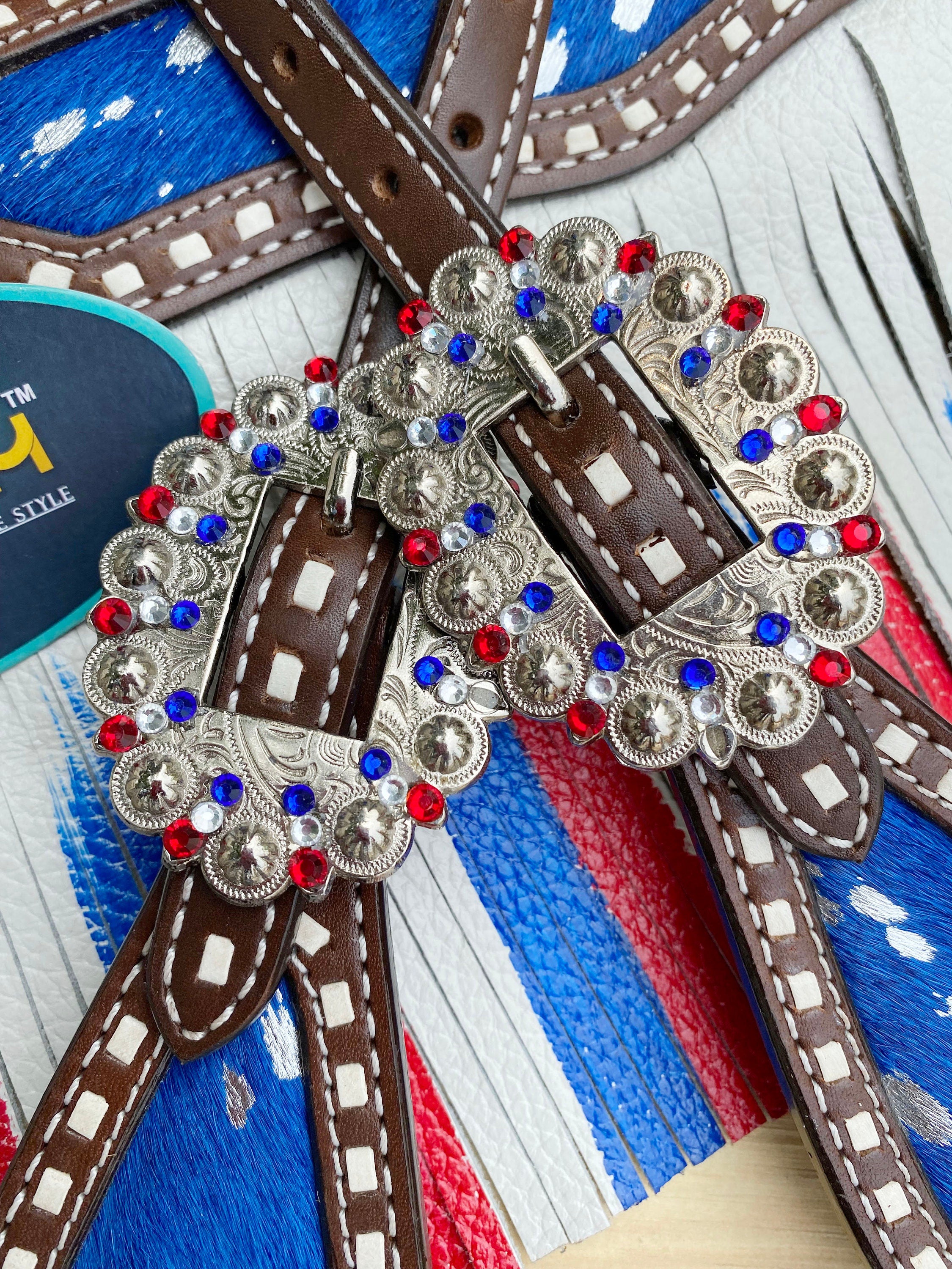 MOUSM 4th July Western Leather Headstall & Breast Collar Set – Independence Western Headstall Tack Decorated Patriotic USA Flag Fringe Design with Metallic Acid Wash Cowhide Inlay & Matching Rhinestones