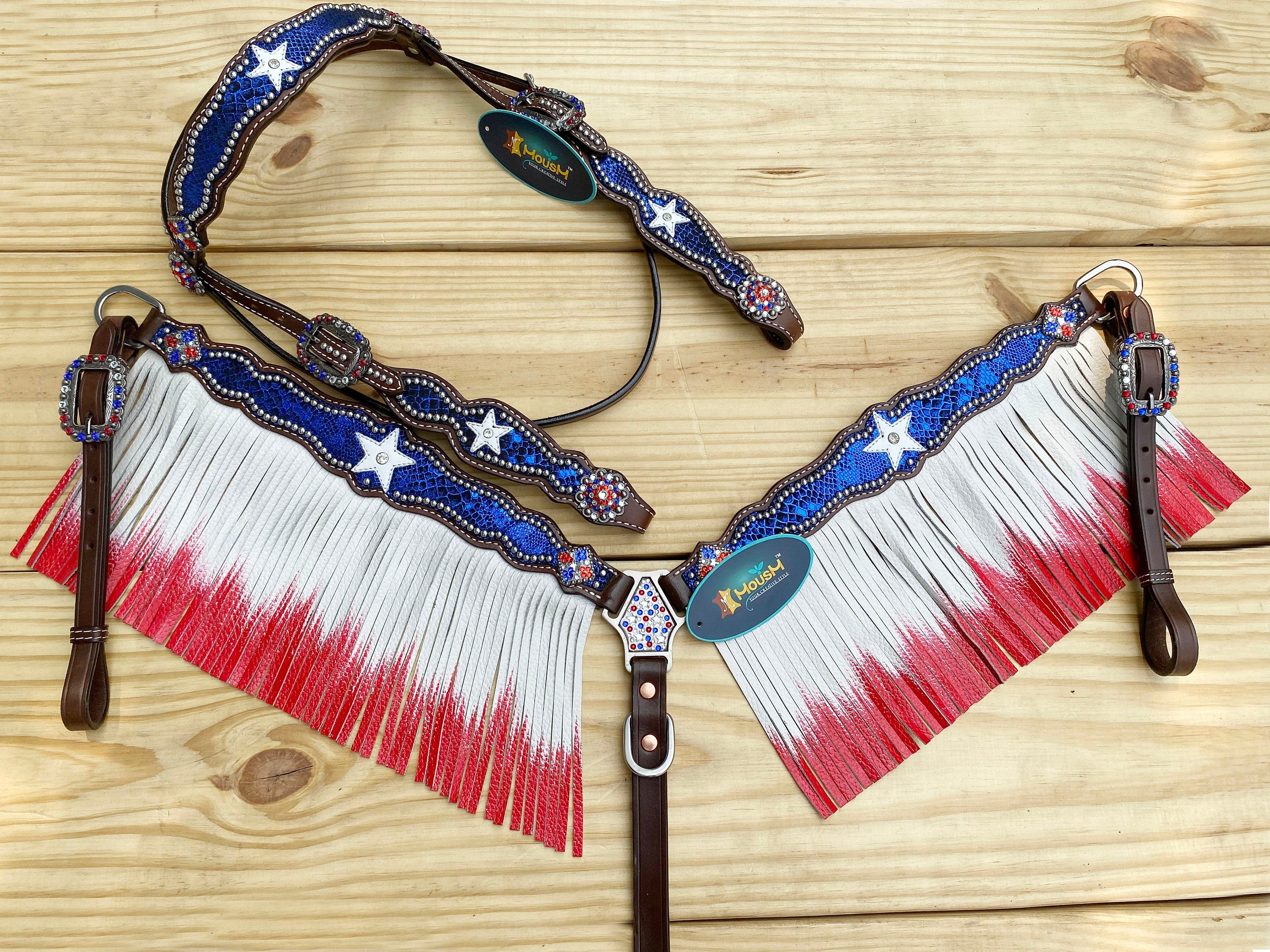 MOUSM 4th of July Western Leather Headstall & Breast Collar Set – Browband Headstall Decorated Patriotic USA Star on Alligator Print & Flag Fringe Design