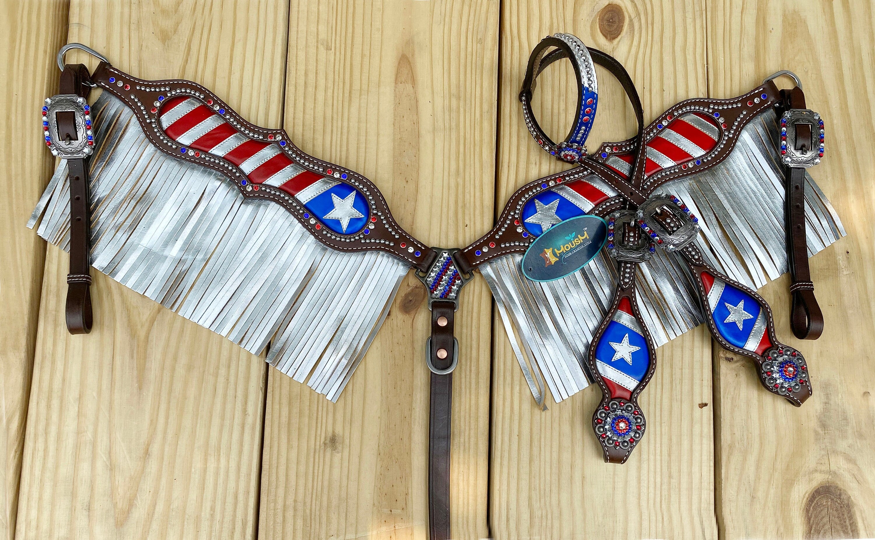 MOUSM 4th of July Western Headstall & Breast Collar Set – Independence Western Headstall Tack Patriotic USA Flag Design with Heroism Star & White Fringe