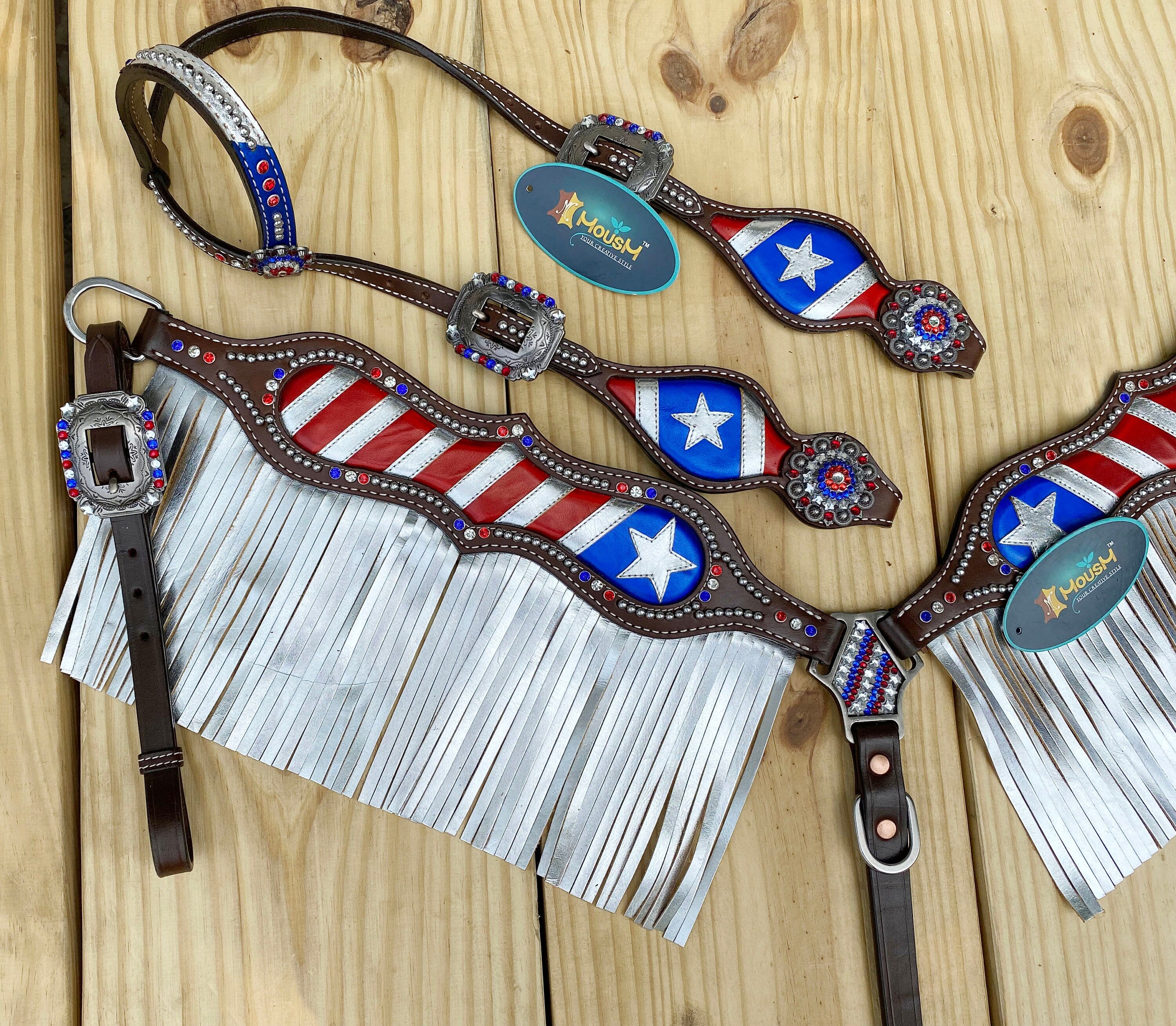 MOUSM 4th of July Western Headstall & Breast Collar Set – Independence Western Headstall Tack Patriotic USA Flag Design with Heroism Star & White Fringe