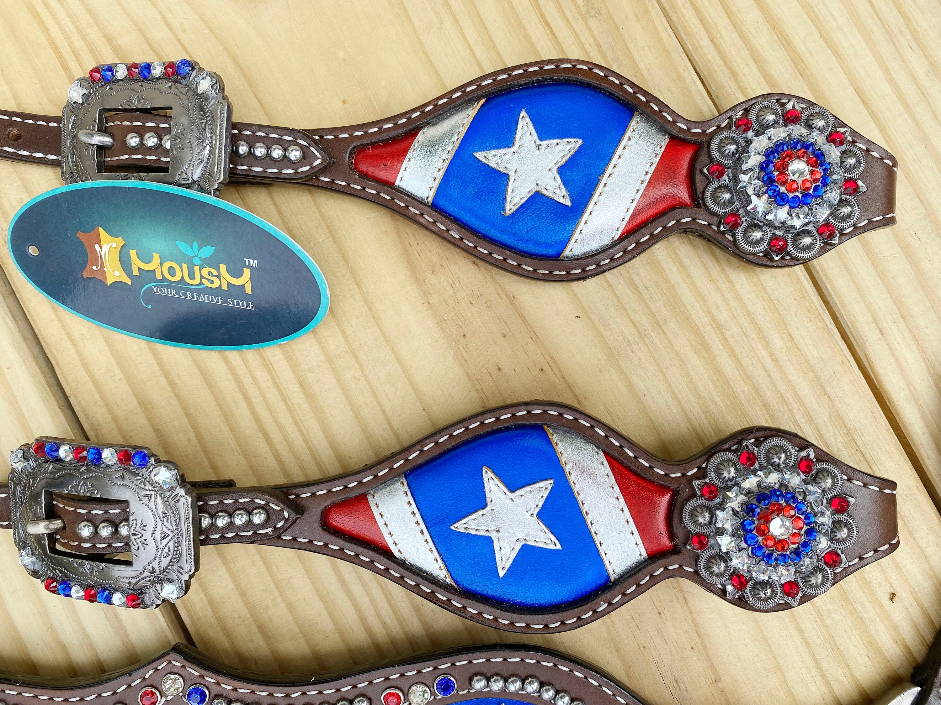 MOUSM 4th of July Western Headstall & Breast Collar Set – Independence Western Headstall Tack Patriotic USA Flag Design with Heroism Star & White Fringe